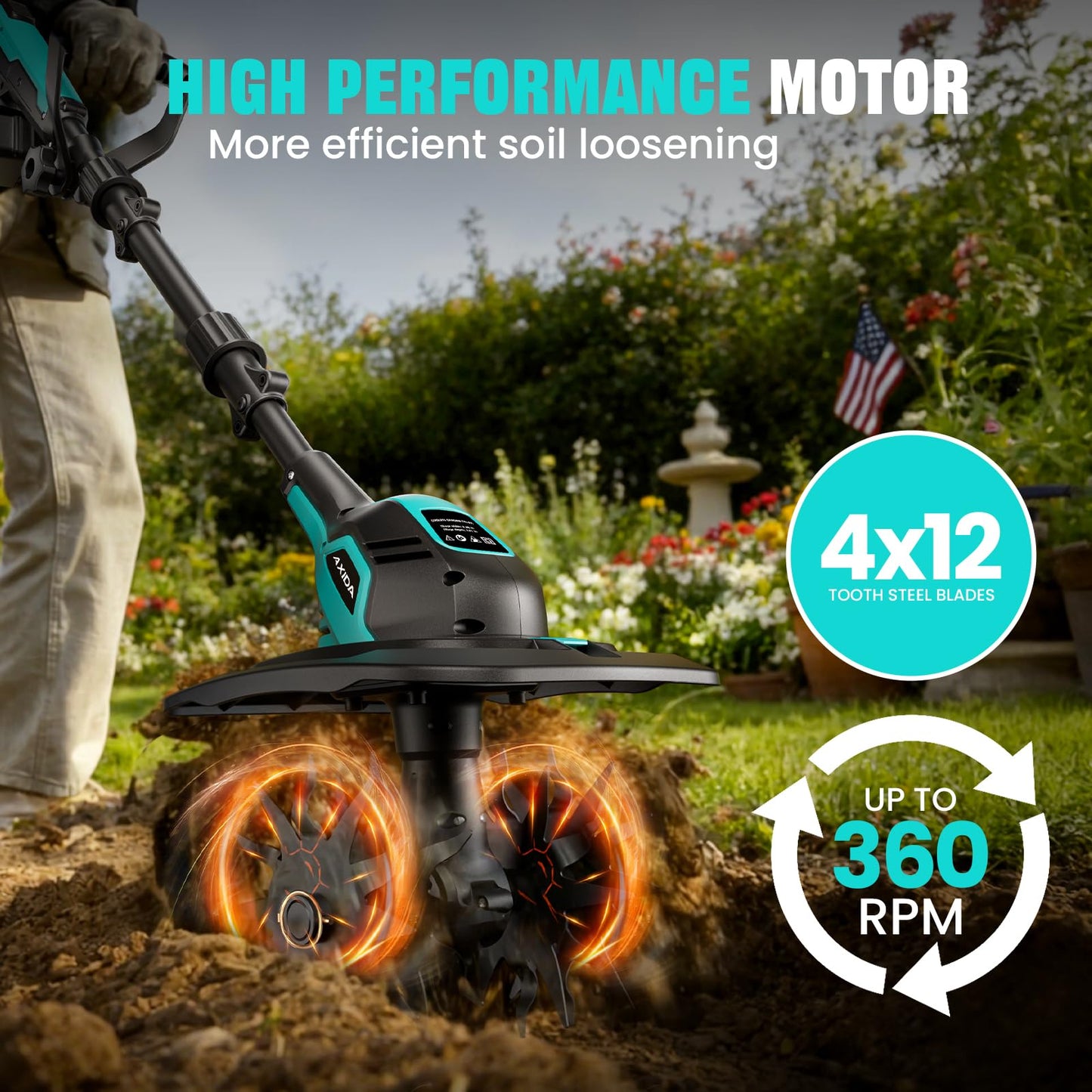 20V Cordless Garden Tiller Cultivator with 2 * 4.0Ah Batteries & Charger 360RPM Electric Tiller with 4 Steel Tines,9in Tilling Width＆6.6in Depth Garden Rototiller for Lawn/Gardening/Soil Cultivation