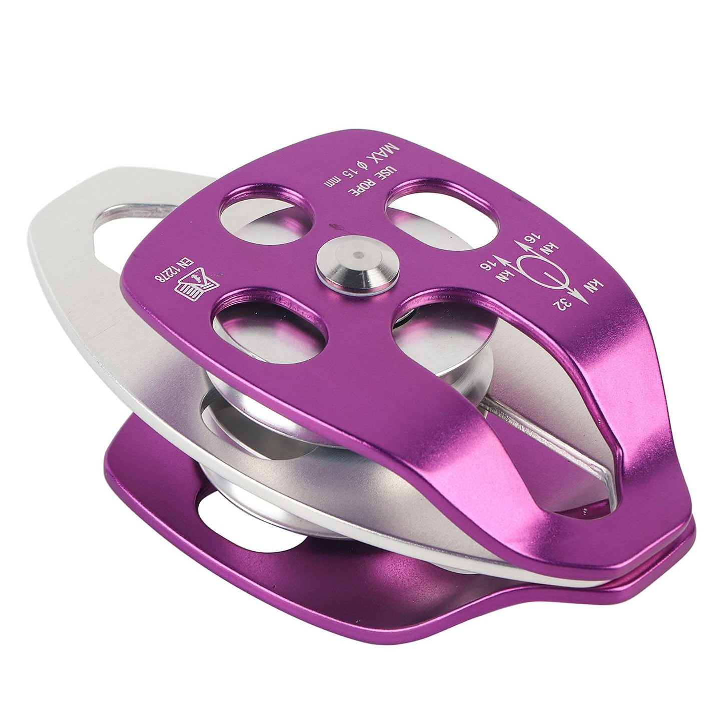 equlup Double Pulley, 32KN Load Aluminum Side Swing Pulley 15mm/0.6in 15mm/0.6in Outdoor Survival Tool for Rock Climbing, Mountaineering, Rappelling