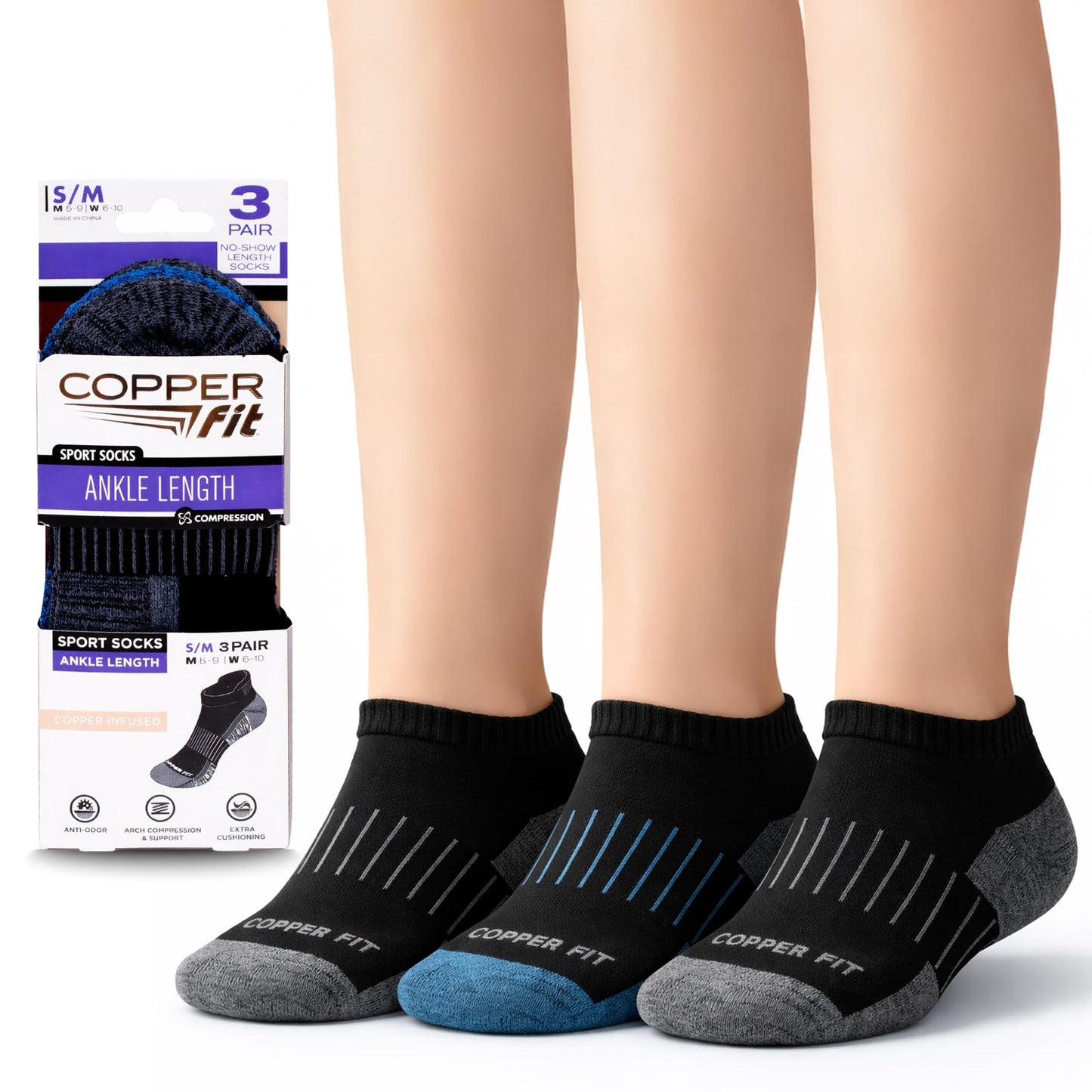 Copper Fit Unisex Copper Infused No Show Socks - 3 Pack , Large/X-Large, Black