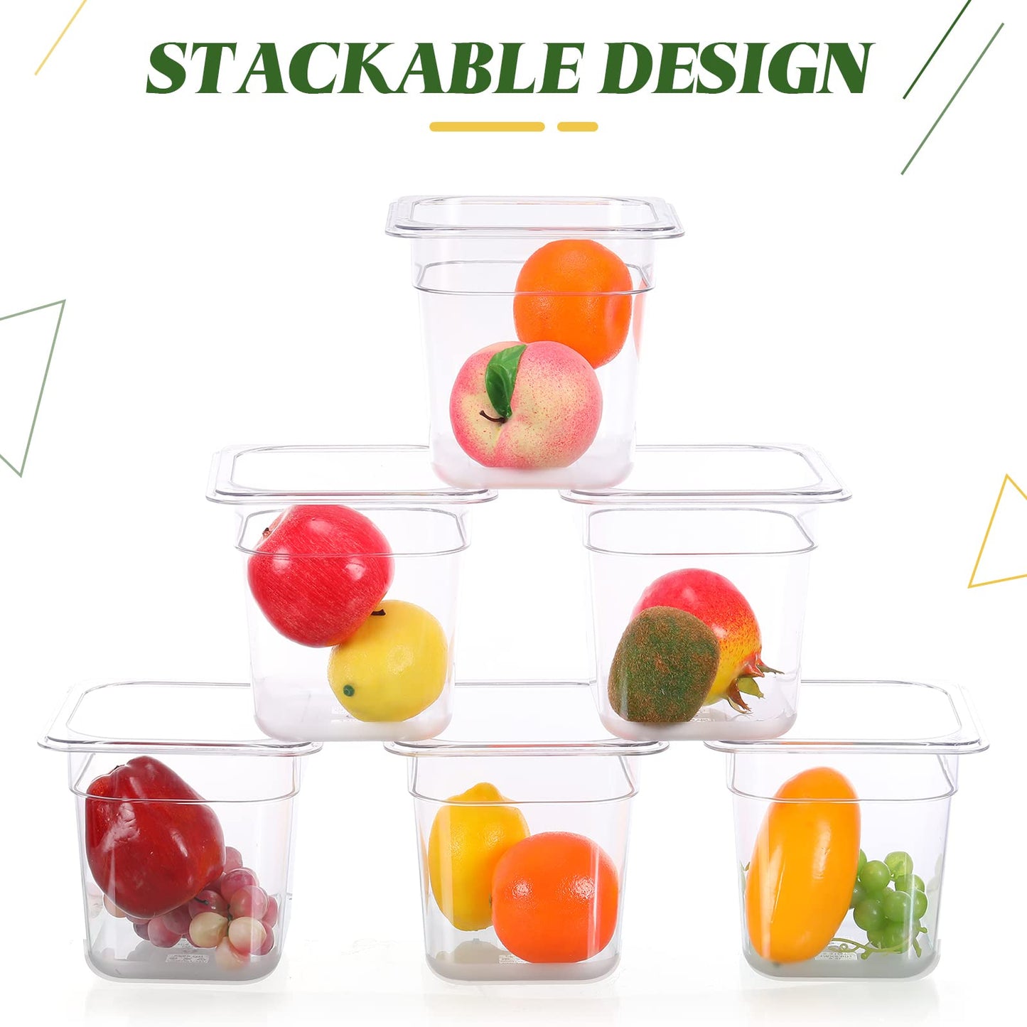 Yinder 24 Pcs Plastic Clear Food Pans 1/6 Size Stackable Polycarbonate Food Containers with Capacity Indicator Restaurant Commercial Hotel Pan for Fruits Vegetables Beans Corns (6'' Deep)