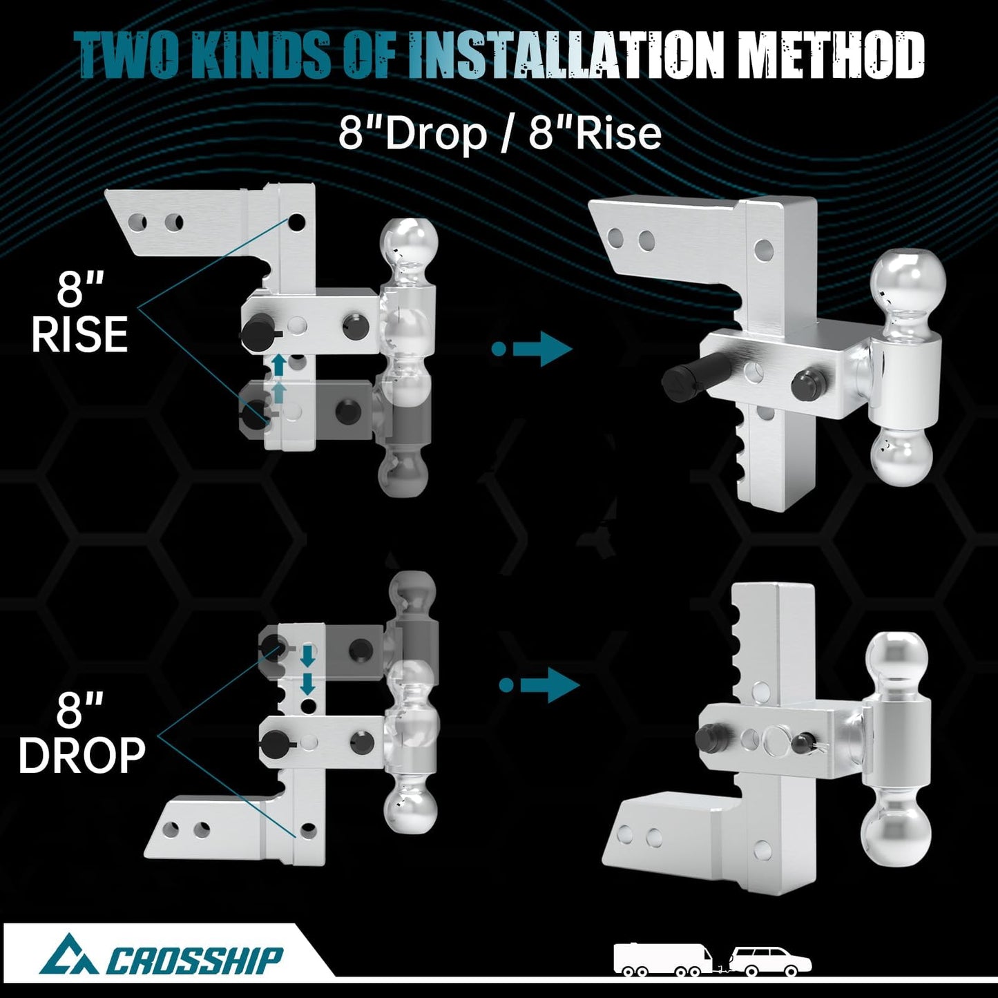 CROSSHIP Adjustable Trailer Hitch - Heavy Duty Aluminum Drop Drawbar Hitch - Fits 2.5" Receiver, 8" Drop/Rise with 2" & 2-5/16" Solid Dual Balls 18,500 LBS GTW- for Truck, SUV, RV
