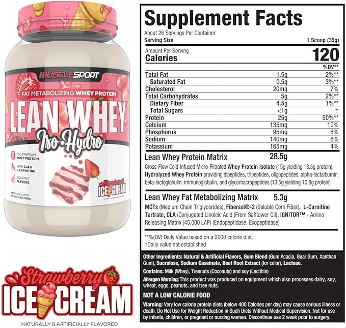 Musclesport Lean Whey Revolution??Protein Powder - Whey Protein Isolate - Low Calorie, Low Carb, Low Fat, Incredible Flavors - 25g Protein per Scoop (2LB, Strawberry)
