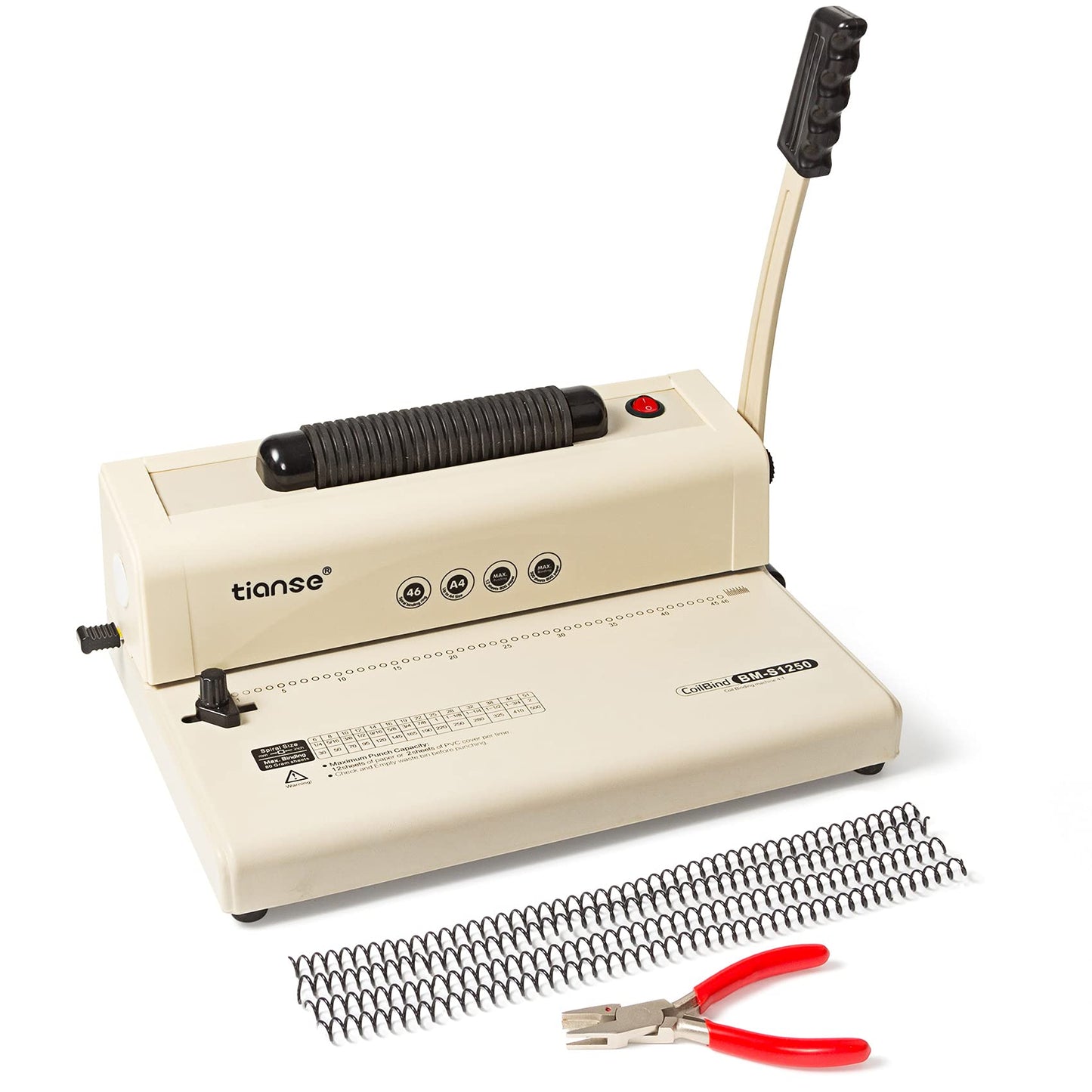 TIANSE Binding Machine - Electric Coil Inserter for Professional Binding, 12-Sheet Punch, for Letter/A4/A5 & Plastic/Metal Coils, with 100 Coil Spines & Pliers for Home, Office, School, DIY