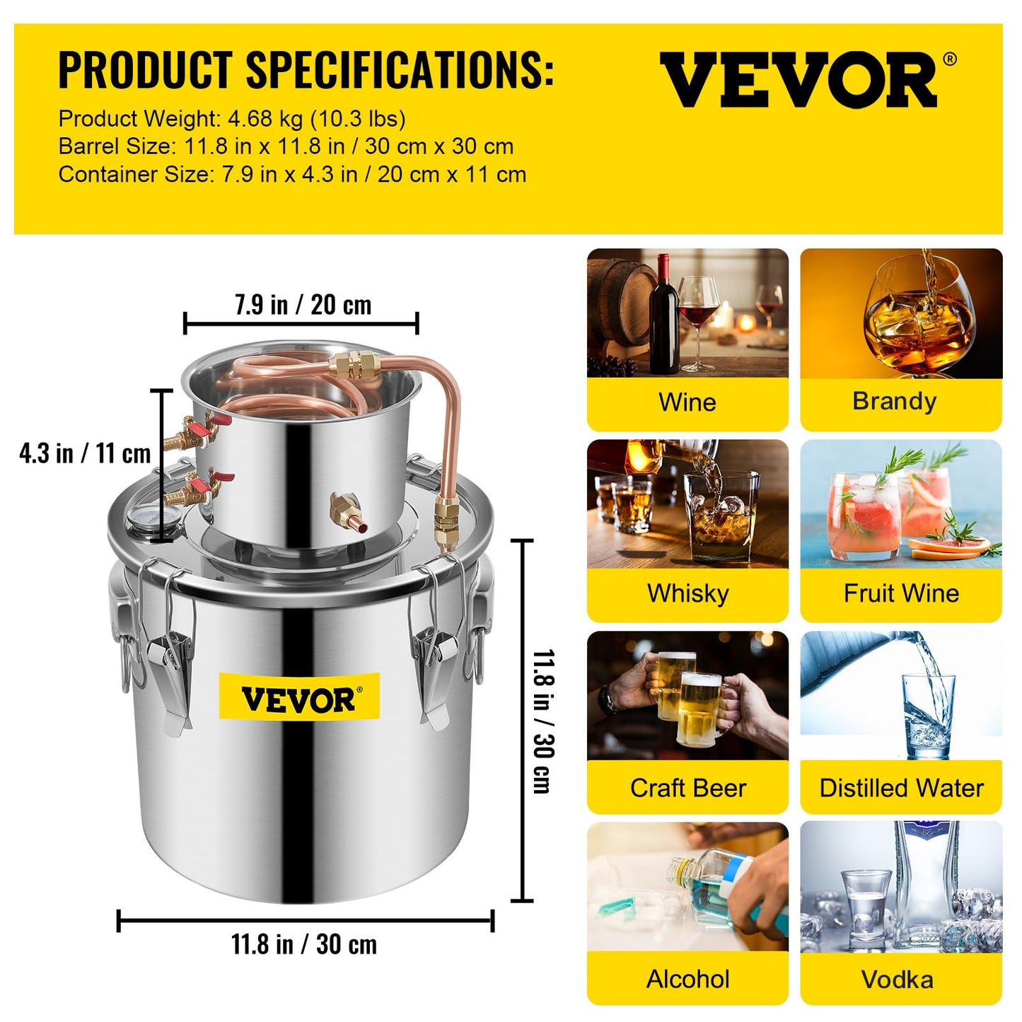 VEVOR Alcohol Still 5Gal/20L Alcohol Distiller Stainless Steel Distillery Kit for Alcohol with Copper Tube Home Brewing Kit Build-in Thermometer for DIY Whisky Wine Brandy