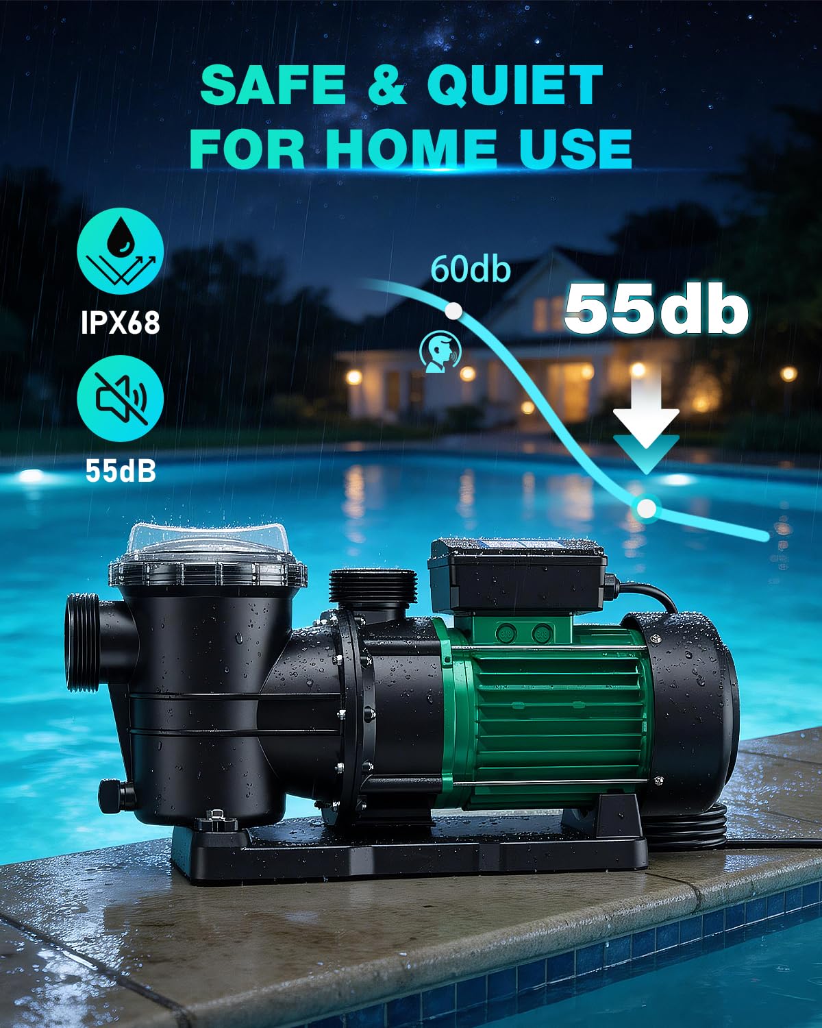 MENIIO 2 HP Swimming Pool Pump, 6980 GPH High Flow, 39.3 FT Max Head, 110V/60Hz IPX68 Waterproof, Inground & Above Ground Pool Water Circulation Pump