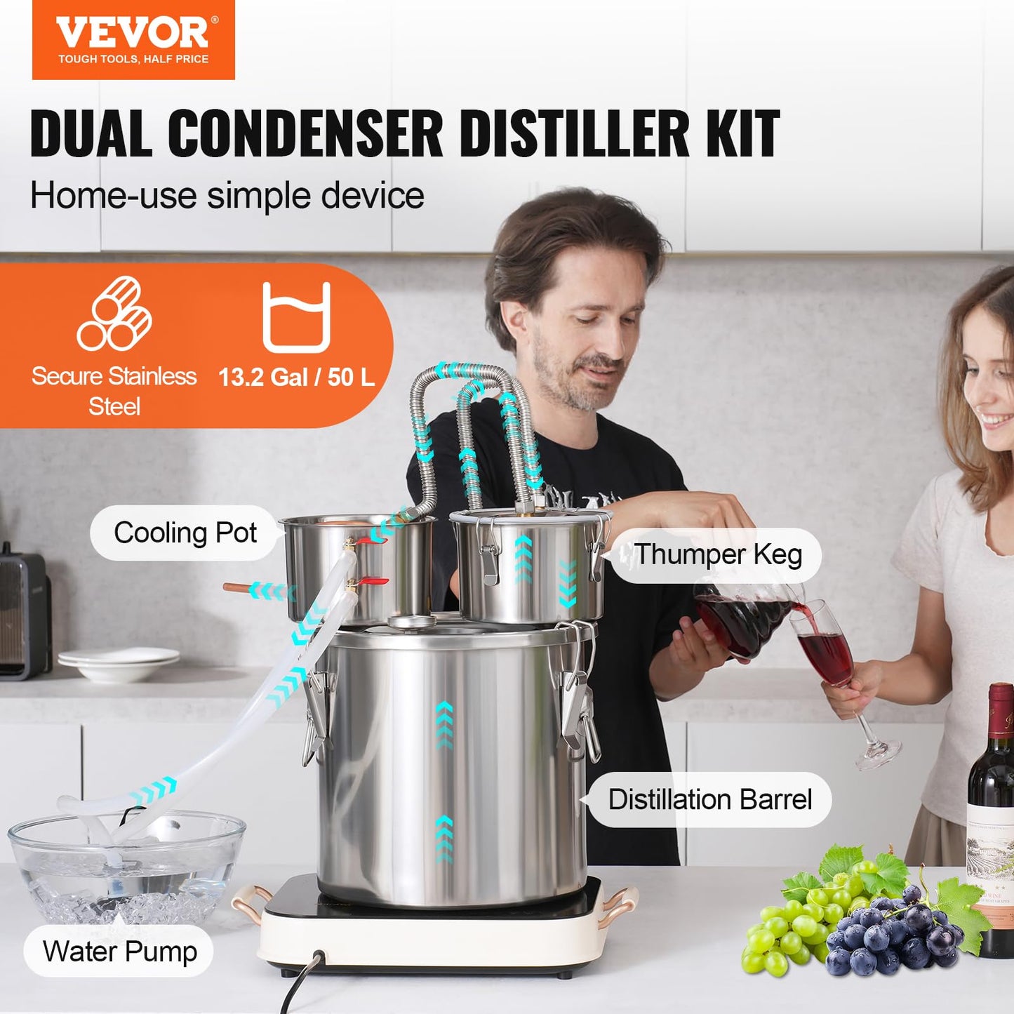 VEVOR Alcohol Still with Thumper Keg, 13.2Gal / 50L Alcohol Distiller, Distillery Kit for Alcohol with Copper Tube, Build-in Thermometer & Water Pump for Wine Whisky Brandy