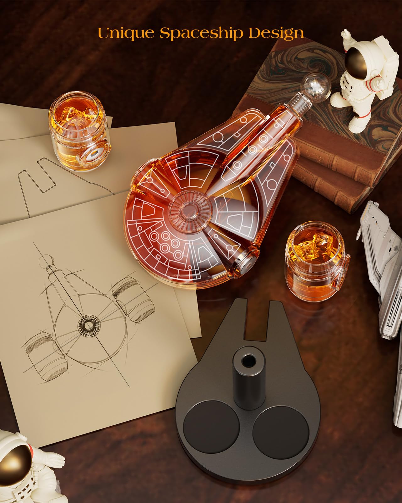 Kollea Galaxy Blue Spaceship Whiskey Decanter Sets for Men, Spacecraft Limited Edition, 2 Funny Shot Glasses, Gift Ideas, Cool Liquor Dispenser for Home Bar, Fathers Day Birthday Gifts for Men Dad Him