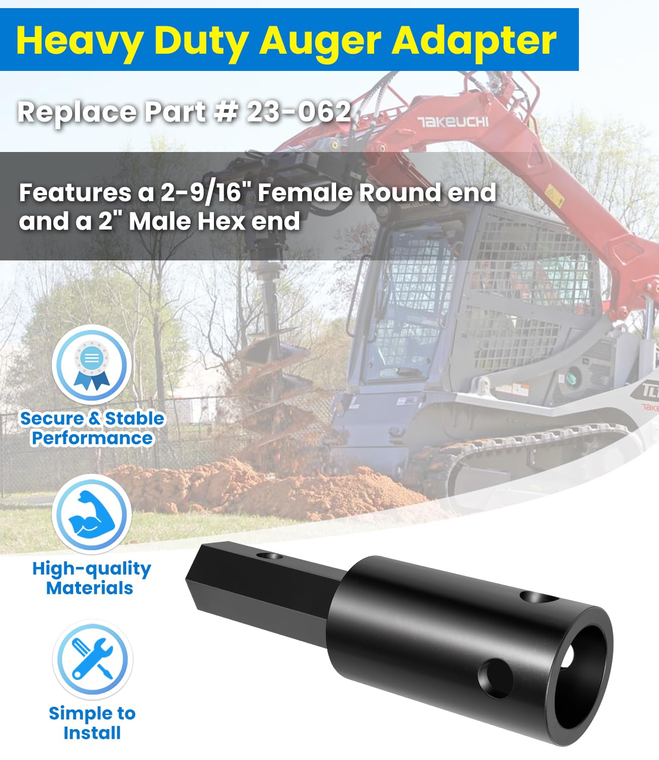Heavy Duty Auger Adapter 2-9/16" Female Round to 2" Male Hex for Augers, Skid Steers, Tractors, Post Hole Diggers