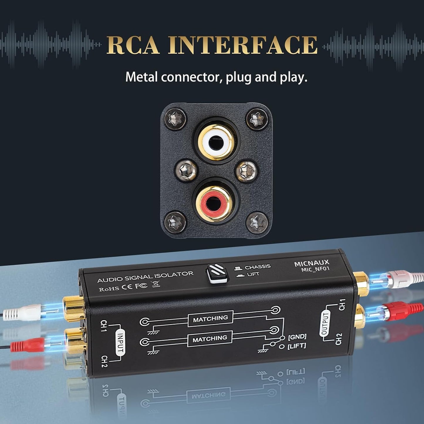 Audio Hum Eliminator Ground Loop Noise Isolator (No Affects Bass), Dual Channel Gold Coating Aluminum Shell Noise