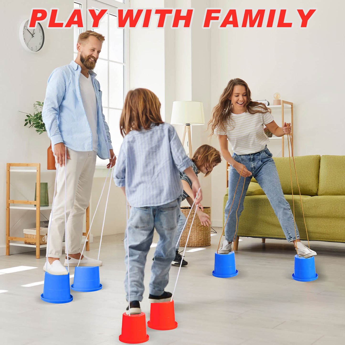 Meooeck 2 Pairs Walking Stilts Balancing Bucket Cup Thickened Plastic Stilts with Adjustable Rope for Kid Balance Coordination Birthday Playground Game Party Favor(Red, Blue)