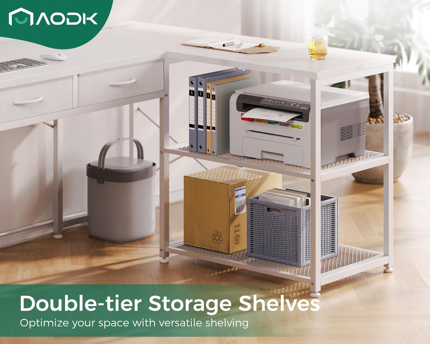 AODK 53 Inch L Shaped Computer Desk with Drawers, Corner Desk with Power Outlets & Reversible Storage Shelves, for Home Office Gaming, White