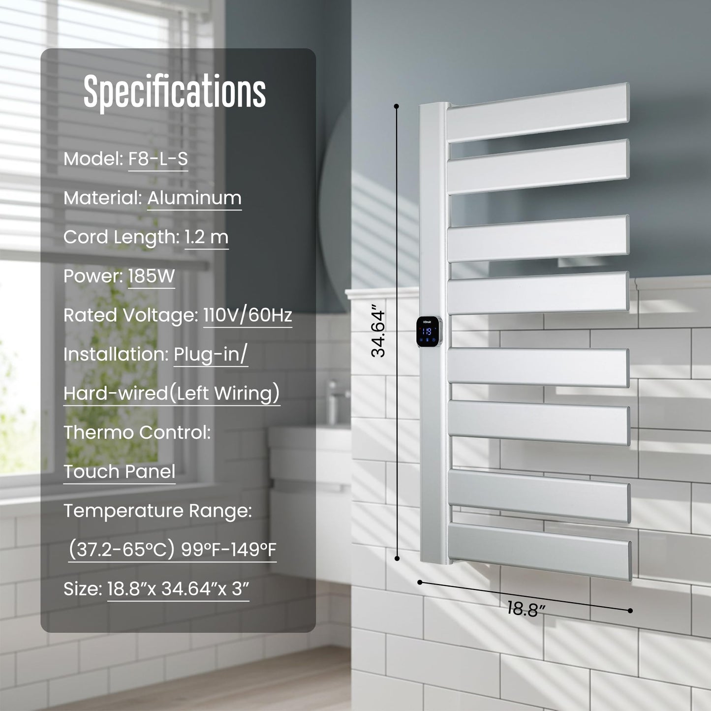 HSTRUKT Large Towel Warmer, Heated Towel Rack with Built-in Timer and Temperature Control,Hard-Wired(Left-Wiring)/Plug-in Wall-Mounted Towel Rail, Aluminum, 18.8" W X 34.64" H, Silver