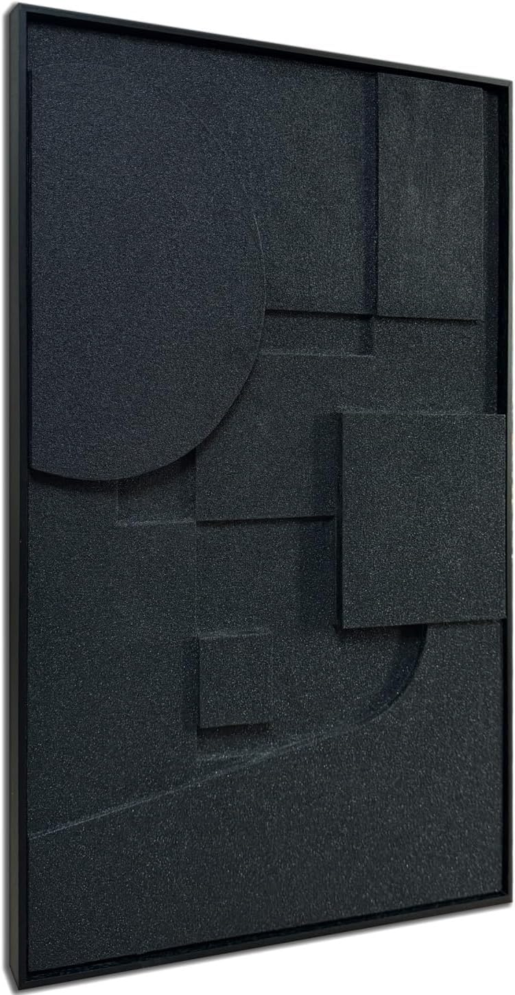 Slyart Black Textured Wall Art - Handmade 3D Abstract Relief Painting | Framed Vertical Art 24x36 Inch