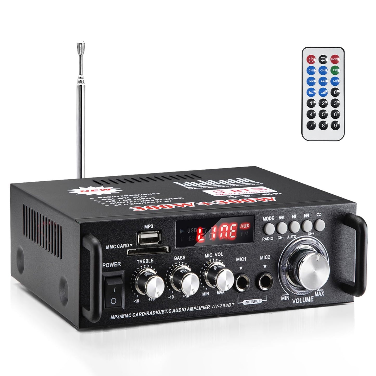 AV-298BT 600W 2 5.0 Stereo Audio Amplifier, Max Amp Channel Wireless Bluetooth Power Amplifier System, Home Amplifiers