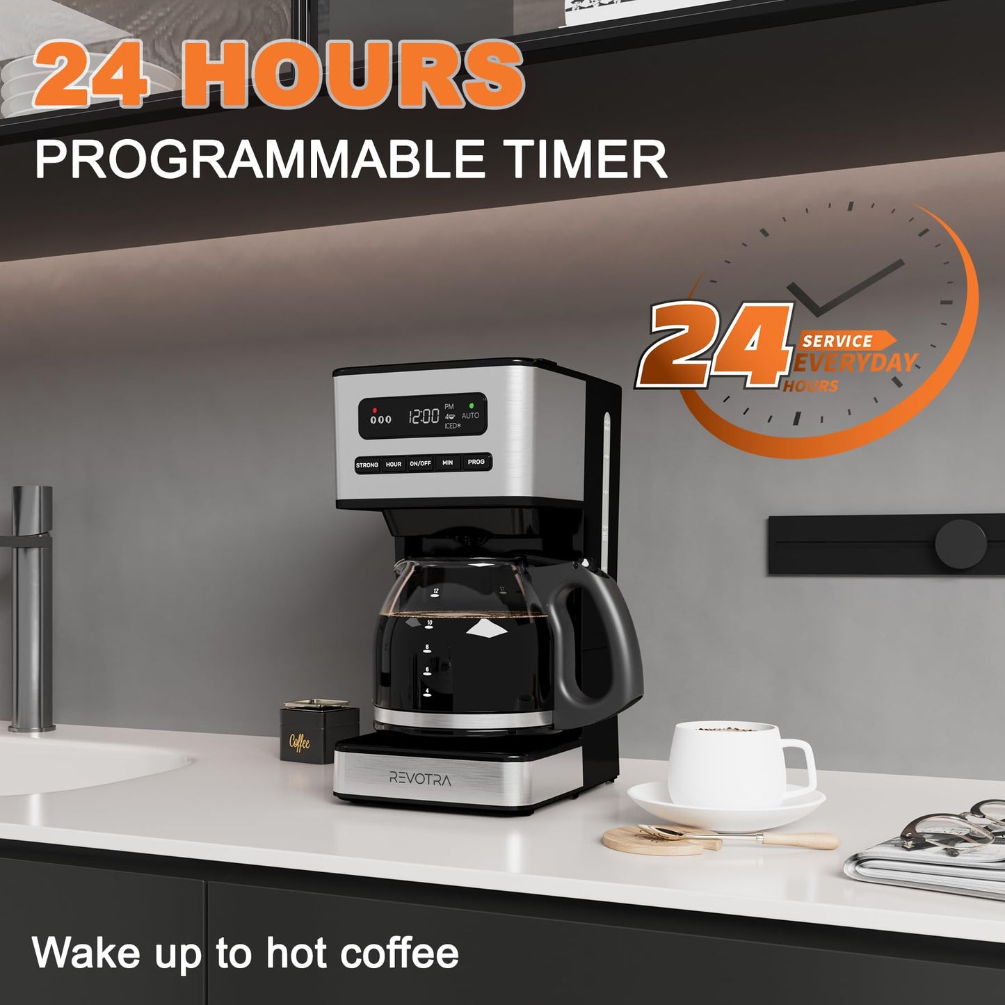 REVOTRA 12-Cup Programmable Coffee Maker, Regular & Strong Brew Drip Coffee Machine, 1-4 Cup and Ice Coffee Setting, 24H Timer, Auto Shut-Off, Keep Warm, Pause & Serve