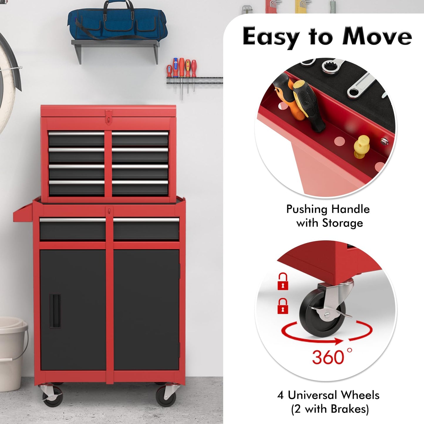 Goplus Rolling Tool Chest, 5-Drawer Tool Box Organizer w/Lockable Wheels & Sliding Drawers & Detachable Top & Adjustable Shelf, Tool Storage Cabinet for Garage Workshop (Red+Black)