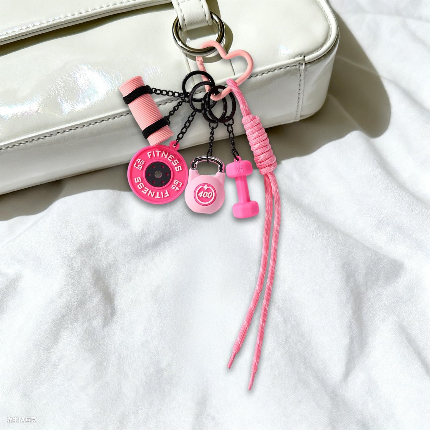 Sinbana Gym Keychain, 5 Styles Pink Dumbbell Kettlebell Barbell Plate Yoga Mat Design Gym Keychain Gift Motivational Fitness Accessories for Men Women Sports Lovers Trainer Friends Family