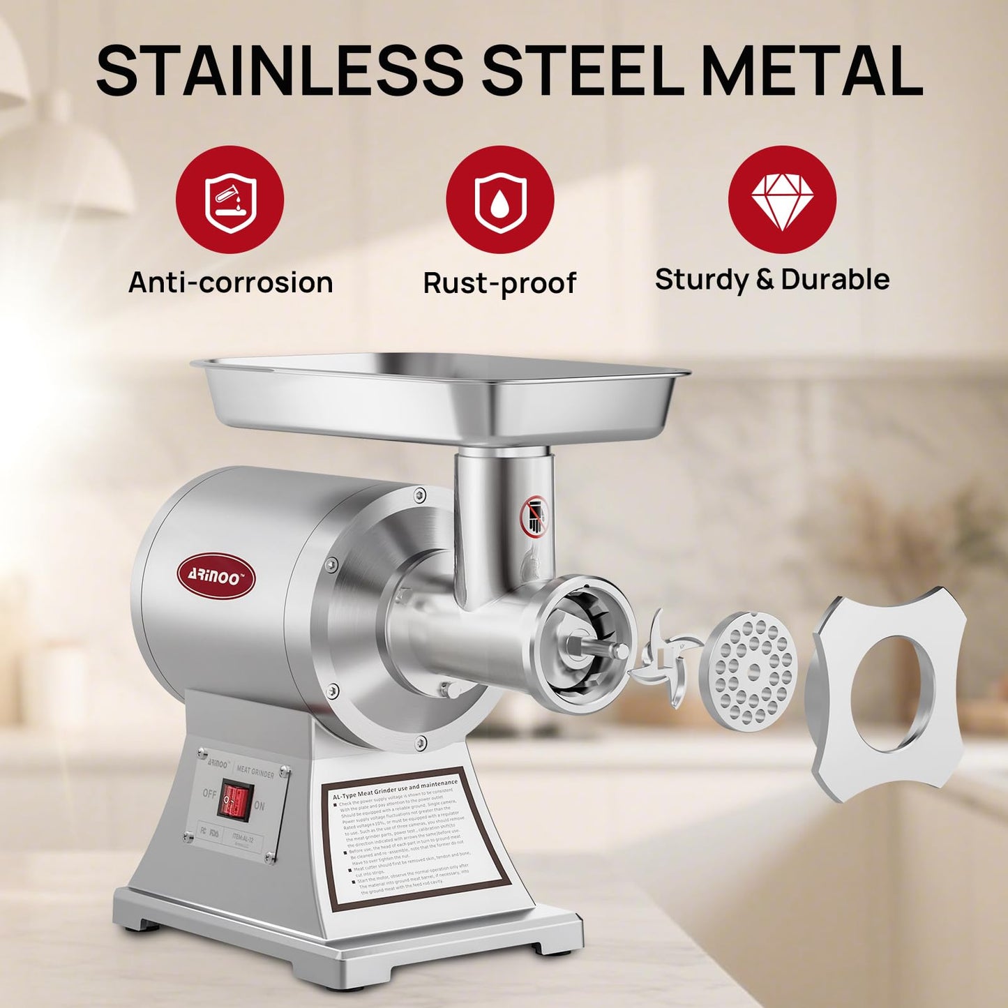 ARINOO Commercial Meat Grinder #12, 0.9HP Heavy Duty Stainless Steel Industrial Meat Mincer w/2 Blades & Meat Pusher,Electric Meat Grinders for large batches home butchering, or small farm processing