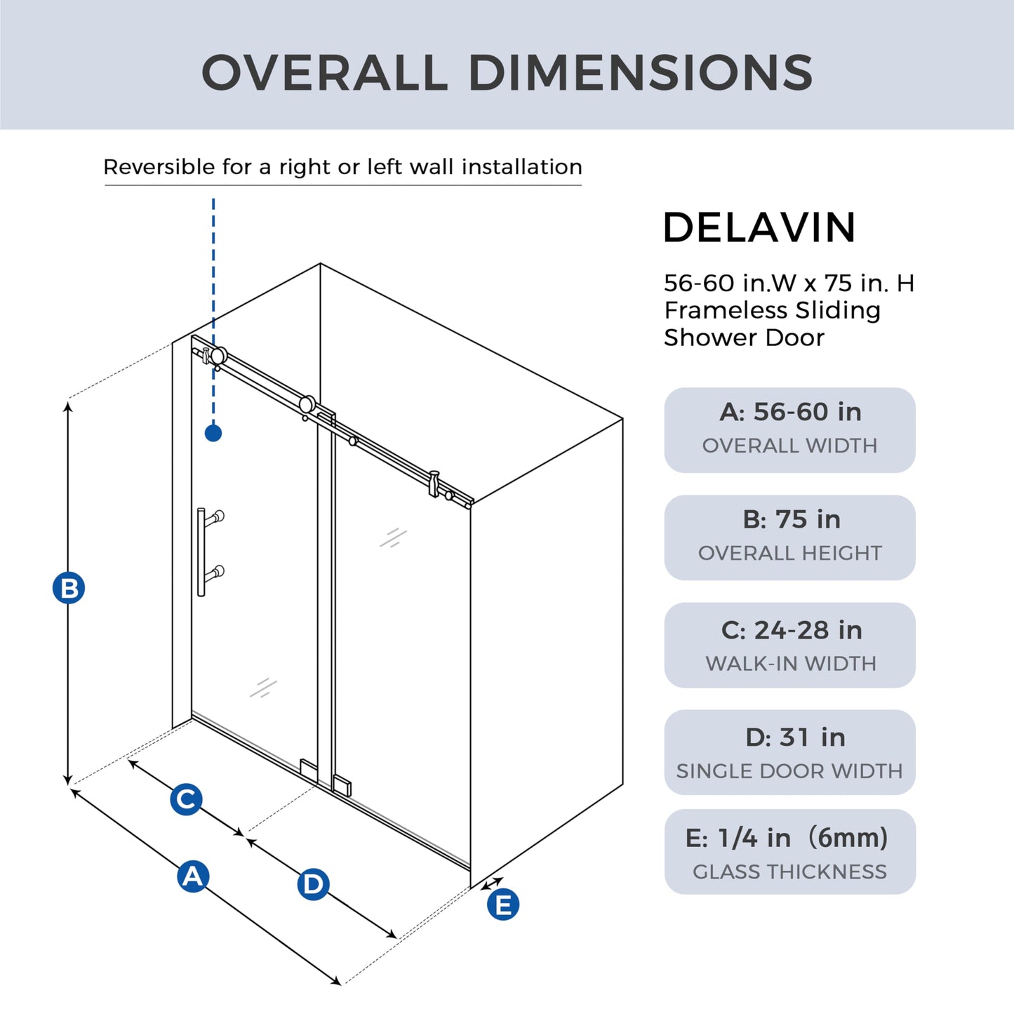 DELAVIN Frameless Shower Door, 56-60" W x 75" H Sliding Glass Shower Door, SGCC Certified Clear Tempered Glass with Explosion-Proof Film, Easy to Clean, Stainless Steel Guide Rail, Gold