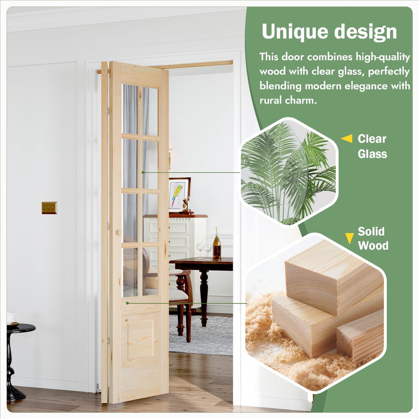 Roymelo Bifold Doors for 36"×80" Opening, Clear Glass French Interior Folding Barn Door with Concealed Hardware Kit Included, Spruce Wood Support DIY Dyeing, Preassembled Door, Save Space