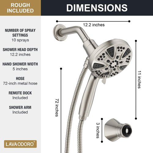 LAVA ODORO Handheld Shower Head with Magnetic Docking System, 10-Function High Pressure Detachable Shower Head, 5-inch Showerhead with 72 Inch Hose, Remote Dock, Brushed Nickel, SH180-BN-D