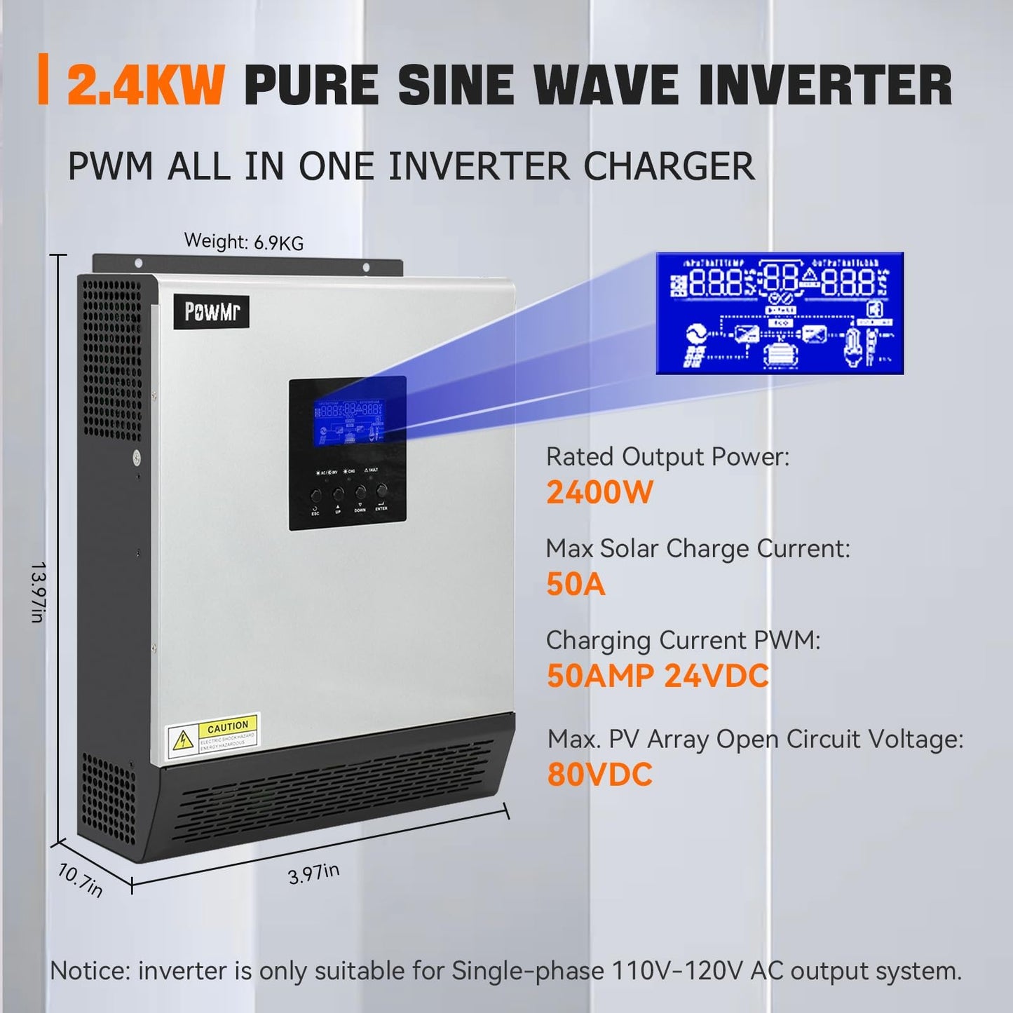 PowMr 2400W Solar Inverter, 24VDC to 110V/120VAC Pure Sine Wave with 50A PWM Charge Controller, Hybrid Inverter for Homes, RV, 24V Lead-Acid, Sealed Gel/AGM Battery, Off-Grid Systems