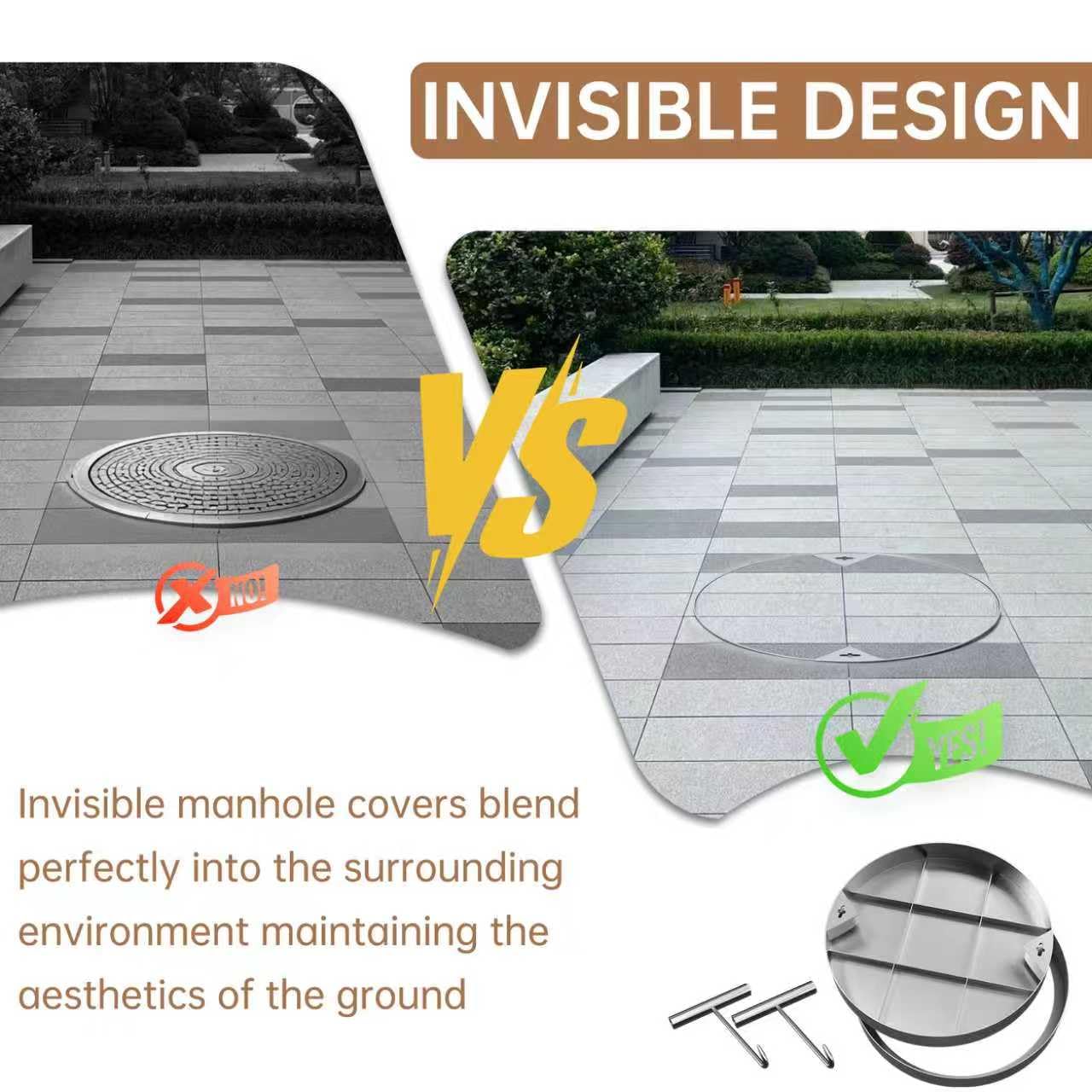 24 inch Stainless Steel Invisible Manhole Cover, Round Embedded Septic Tank Cover with Frame and Lifting Hooks, for Yard/Pavement