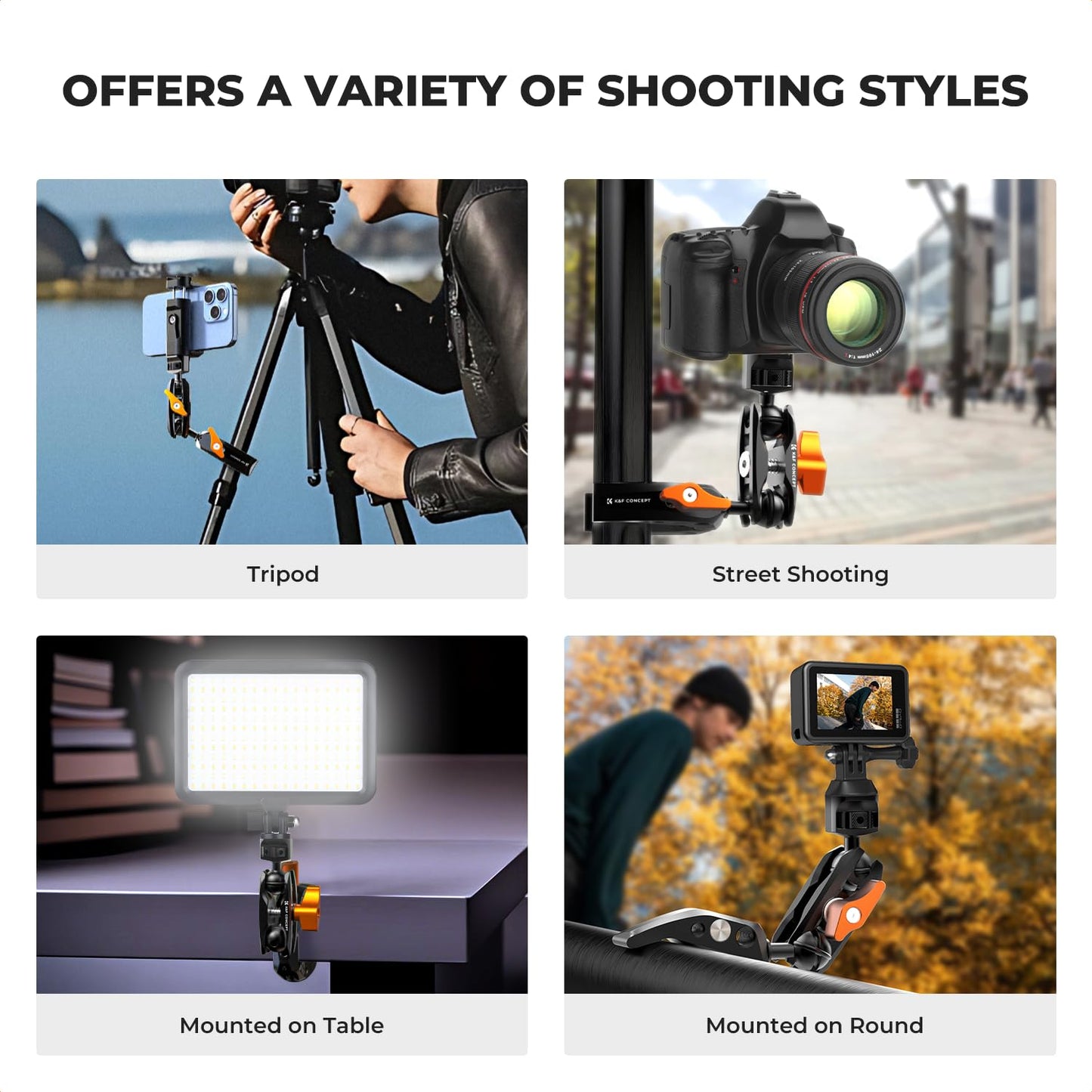 K&F CONCEPT Camera Clamp Mount, Super Clamp Mount Magic Arm with Two 360° Ball Heads, ARRI 1/4" Screw Threads for DSLRs, Action Camera, Tripod, Phone Compatible with Gopro/DJI/Insta360
