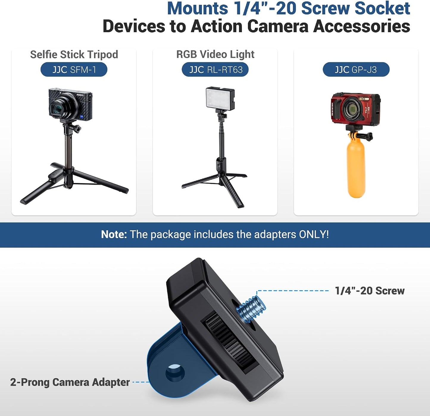 JJC 2-Pack Adapter,1/4"-20 Insta360 X4 X3 3 XT-50 T7 Action Camera Mount Screw Tripod Adapter Screw Camera Mount