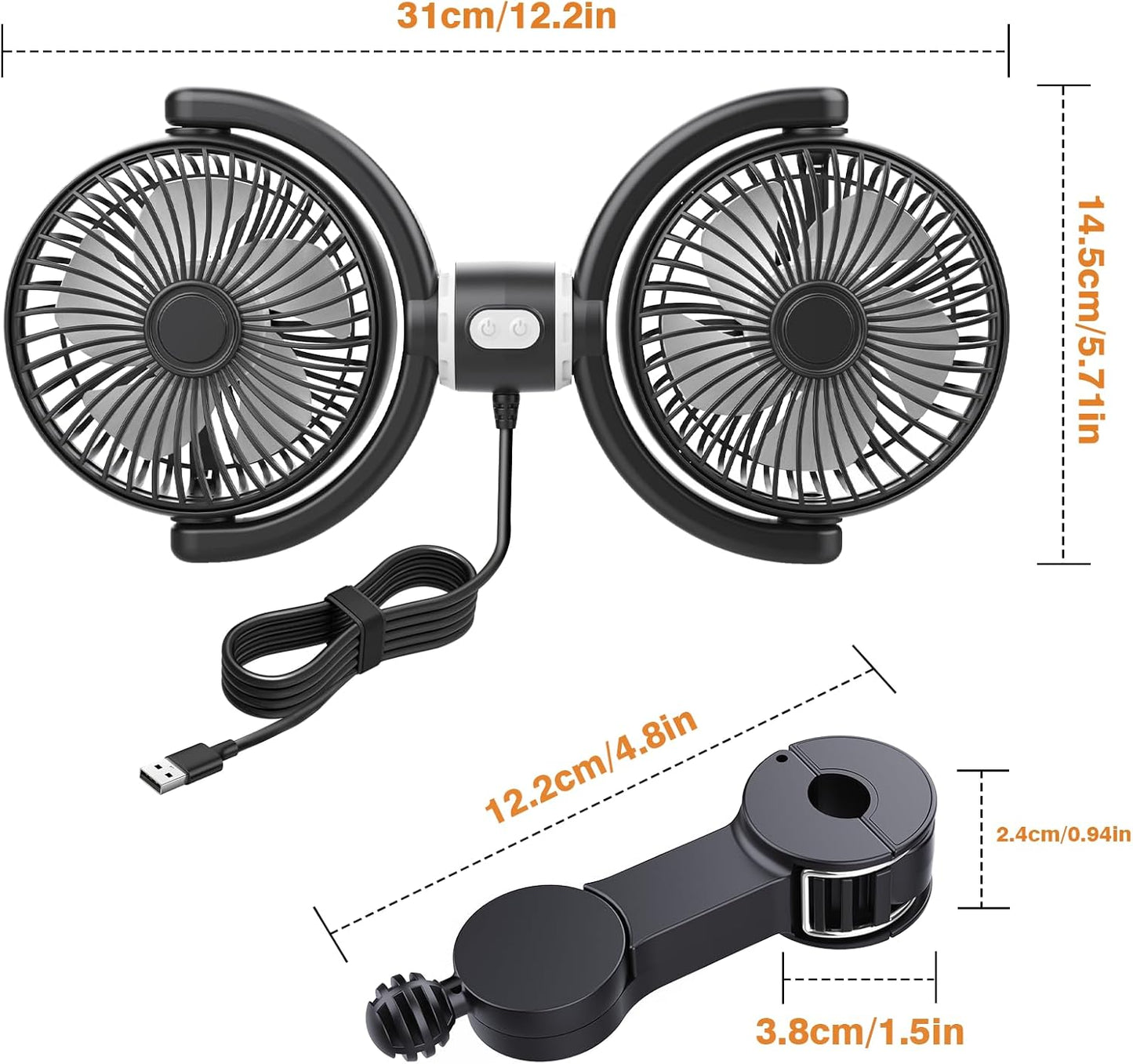 3 360 5V 2A Car Fan USB Powered for Baby: Dual Car Cooling Fans for Backseat Speed Separate Controlled Quiet Brushless