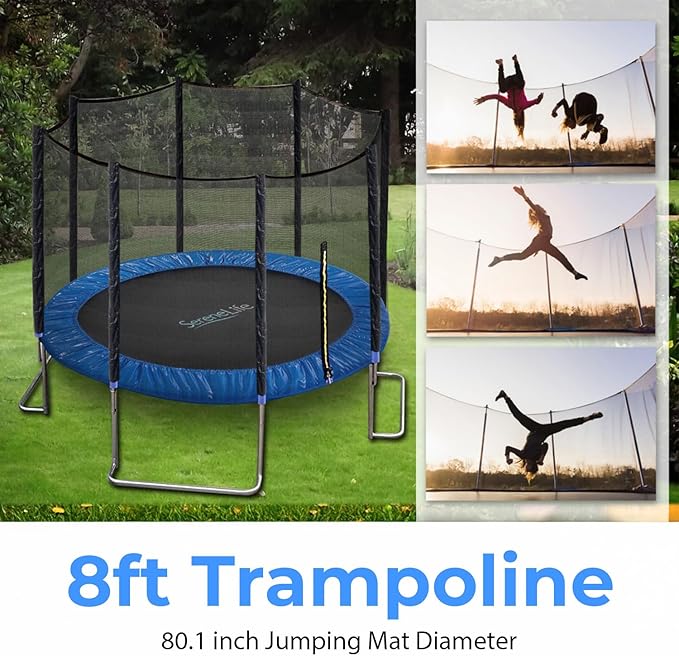 SereneLife 8FT 10FT 12FT 14FT Outdoor Trampoline for Kids and Adults – ASTM Certified Heavy-Duty Backyard Trampoline with Safety Poles, Net Enclosure, and Stable Anti-Rust Frame