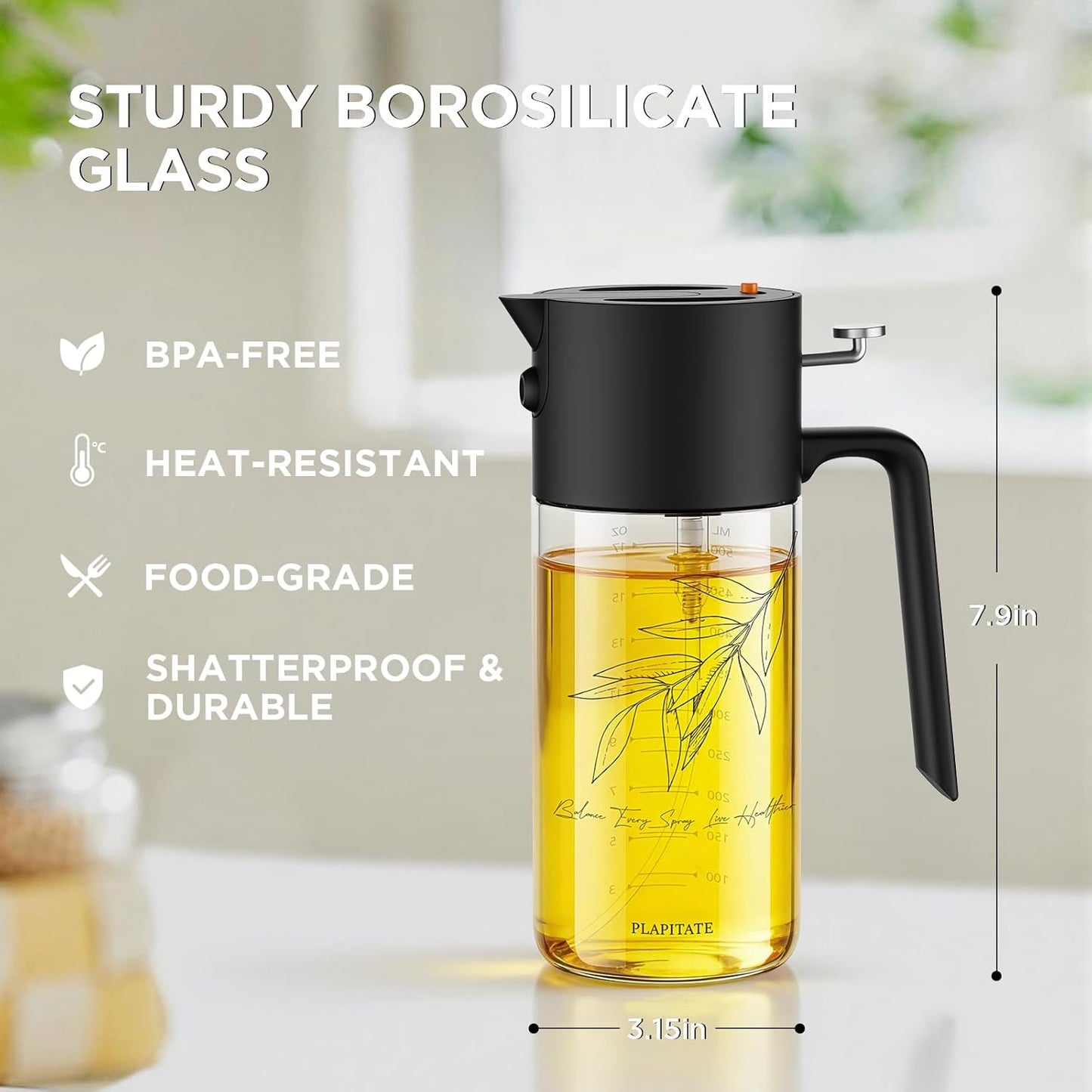 PLAPITATE Premium Olive Oil Sprayer - 17oz Glass Dispenser with Portion Control for Cooking | Black