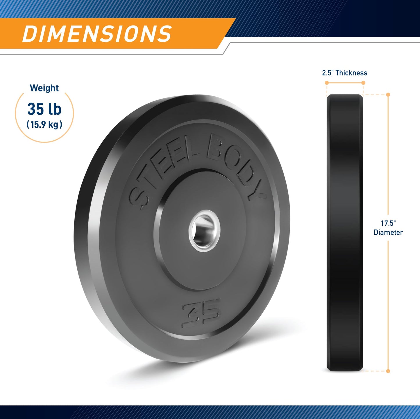 Steelbody Olympic Rubber Bumper Weight Plate - 10 lb. / 25 lb. / 35 lb. / 45 lb. Workout Weights, 35-Pound