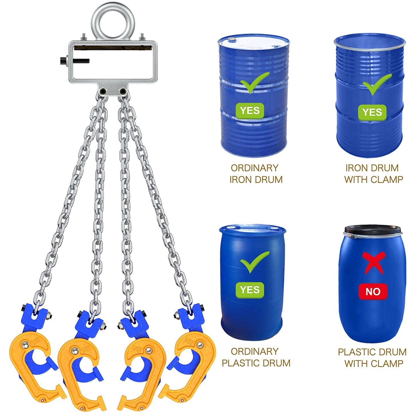 WowDIY Chain Drum Lifter - 4000 lbs Capacity - Suitable for Blue Plastic and Metal Drums (Enhanced Version 4 Hooks)