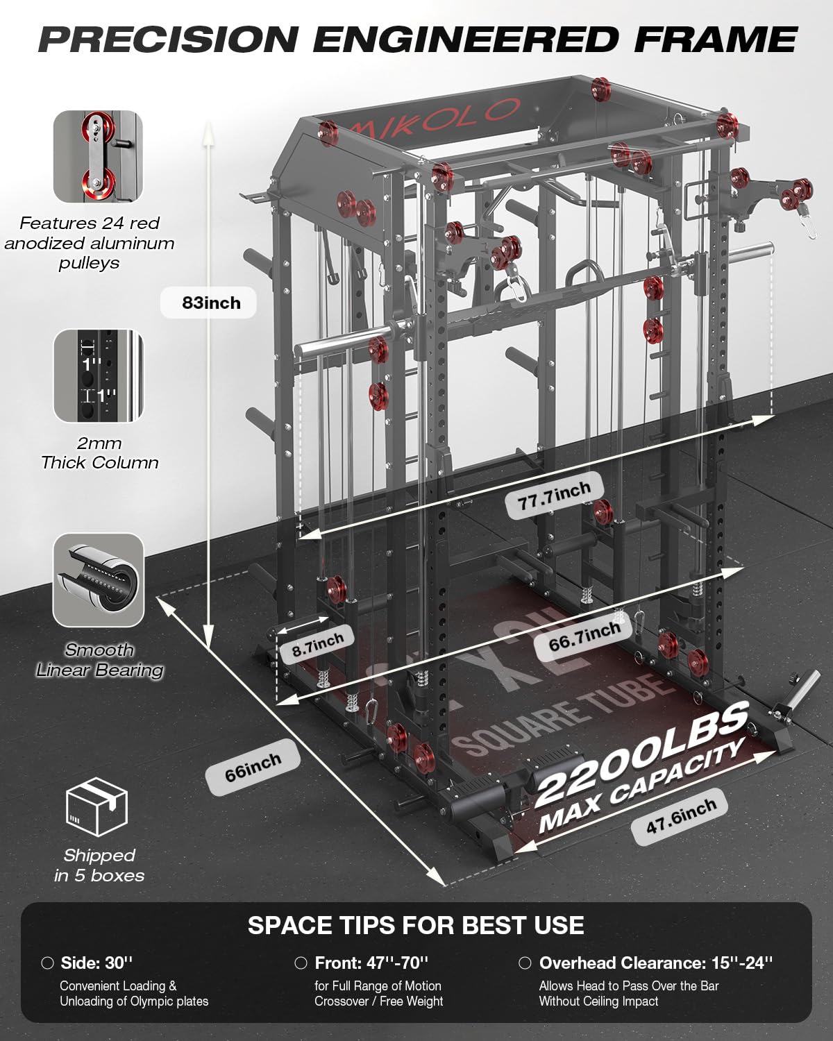 Mikolo Smith Machine, Multi-Function Power Cage with Dual Pulley System, Vertical Leg Press Attachment, Squat Rack Power Rack with More Training Attachment for Home Gym (M10 with Pivot Arm)