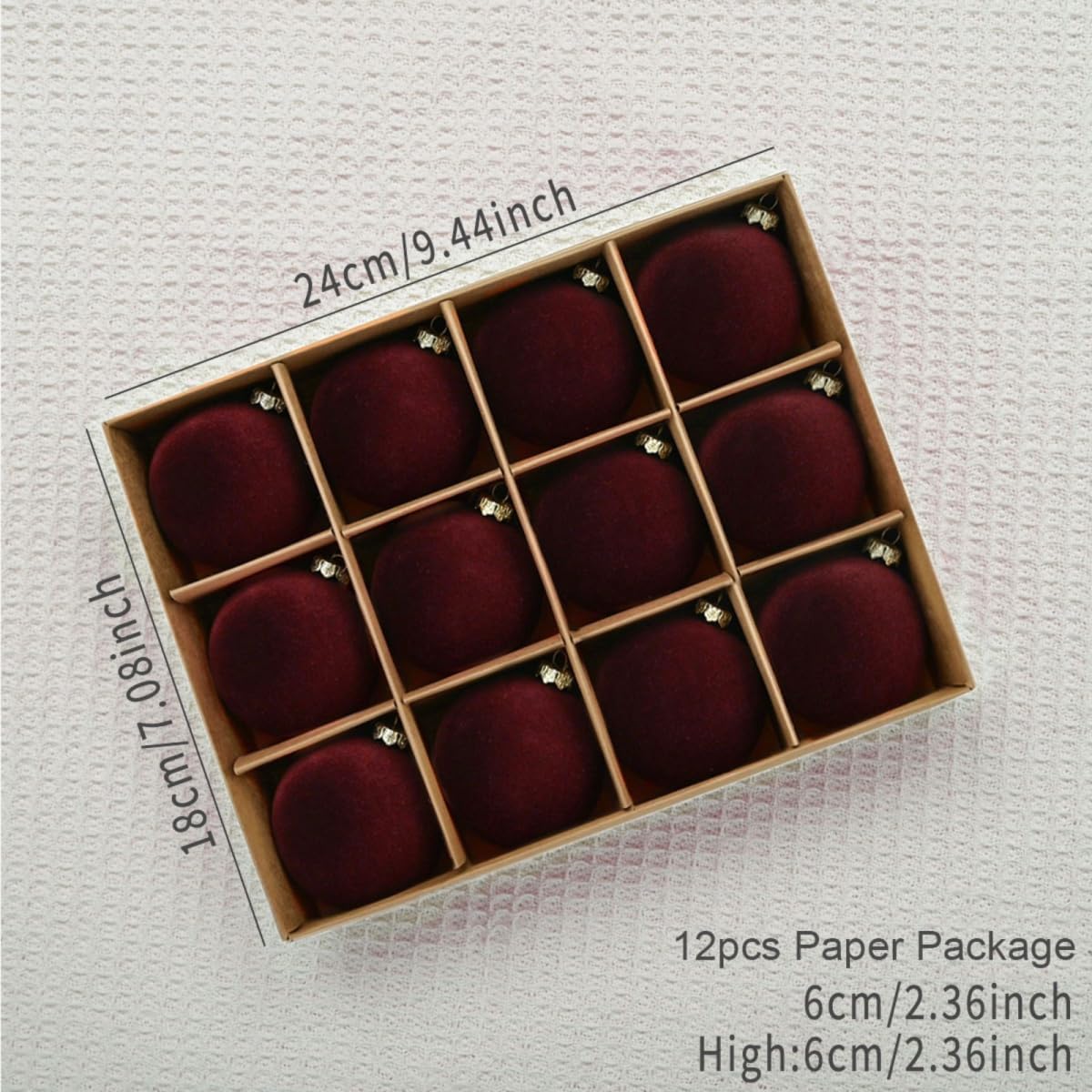 Skiennix 12PCS Velvet Christmas Tree Ornaments - 2.4-Inch Shatterproof Burgundy Balls for Holiday Decor