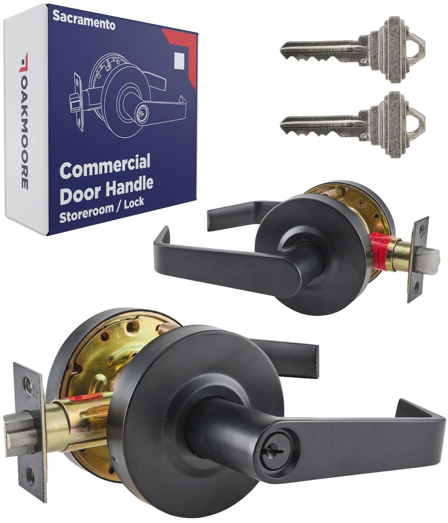 OAKMOORE Commercial Door Handle Black - Grade 2 Lockset - Door Lever Schools Offices Industrial UL CUL & ADA – ANSI A156.2 (Storeroom (Auto Locking, Need Key))