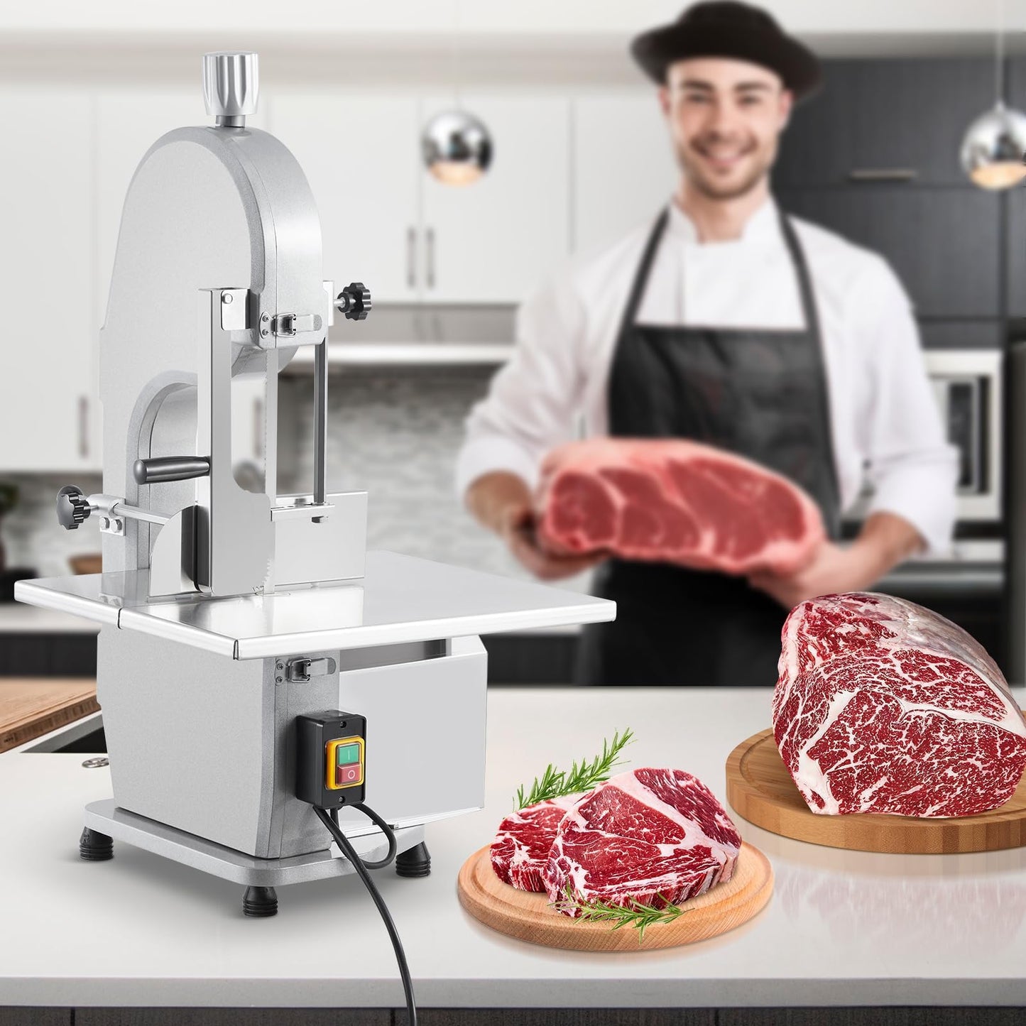 1100W Commercial Electric Bone Saw Machine, Frozen Meat & Bone Cutter with 5 Saw Blades, Adjustable 0.16-7.09 Inch Thickness, 19.3"x15" Stainless Work Table for Butcher Shops, Restaurants, Supermarket