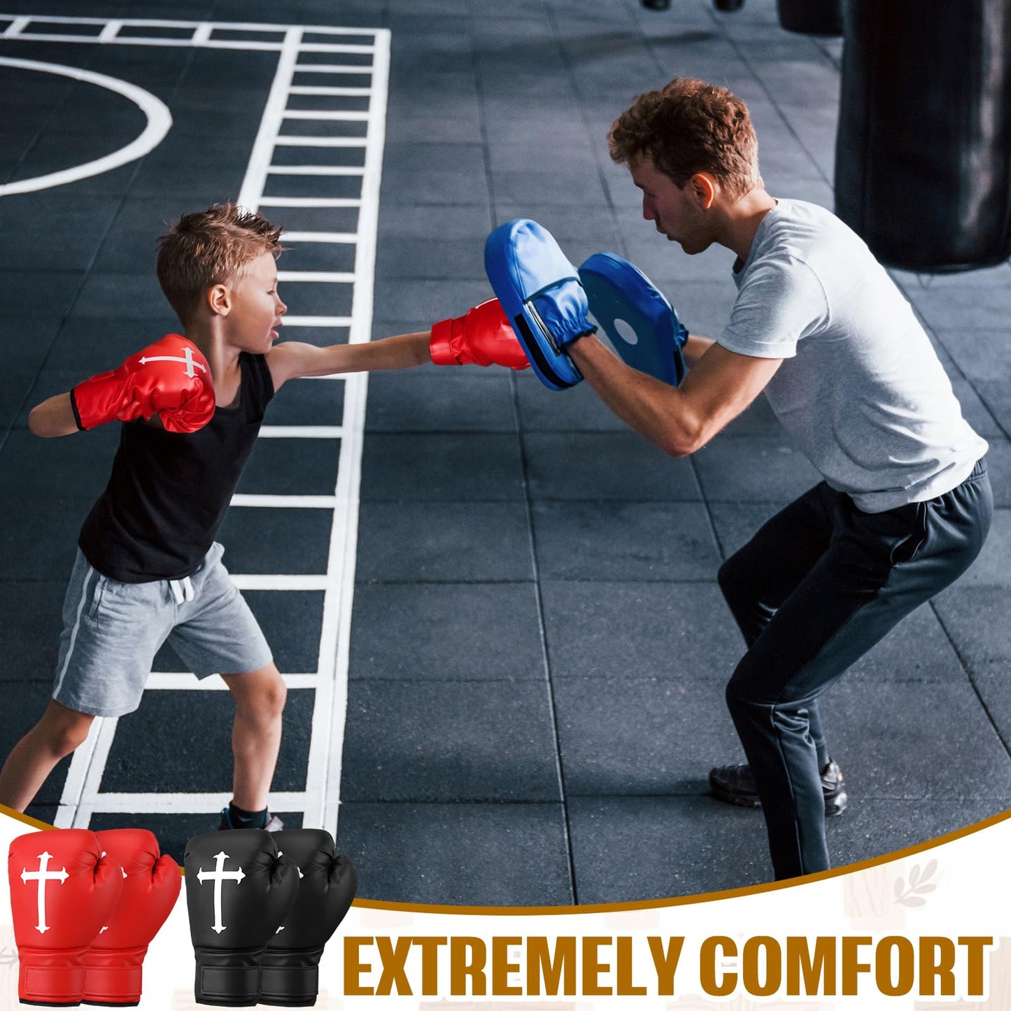 JolliLudo 2 Pairs 12 oz Christian Boxing Gloves for Men & Women Cross Religious Boxing Gloves for Beginners & Kids Red Black Lightweight Shockproof Mitts for Training & Practice