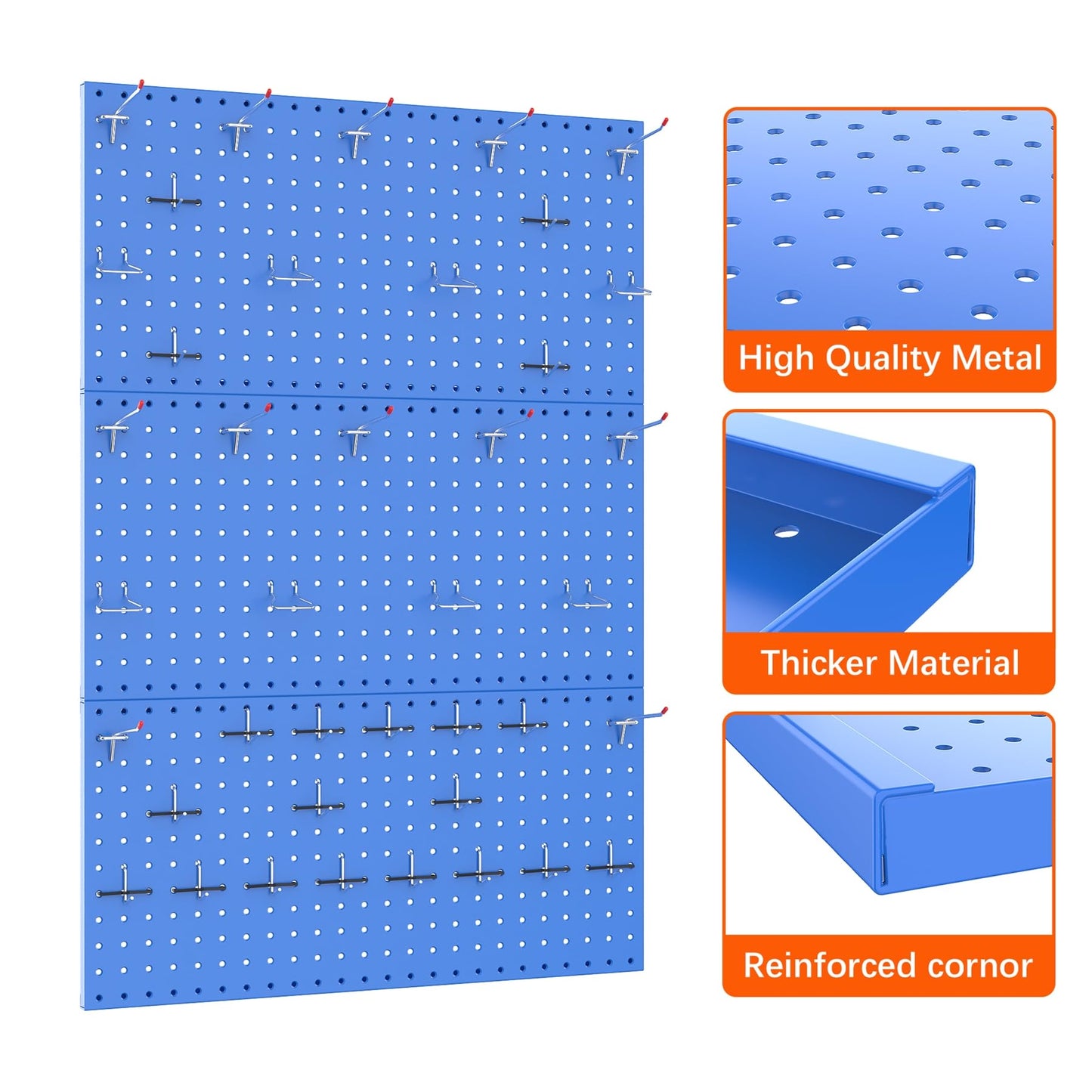 TORACK 3 PCS Metal Pegboard Panels(12x24 inch) for Wall Garage Utility Tools Storage Pegboard for Workbench, Modular Peg Board Tool Organizer Board Kit(Pack of 3, Blue)