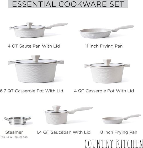 Country Kitchen Non-Stick Cast Aluminum Cookware Set - Durable 11-Piece Kitchen Essentials in Cream Rhombus