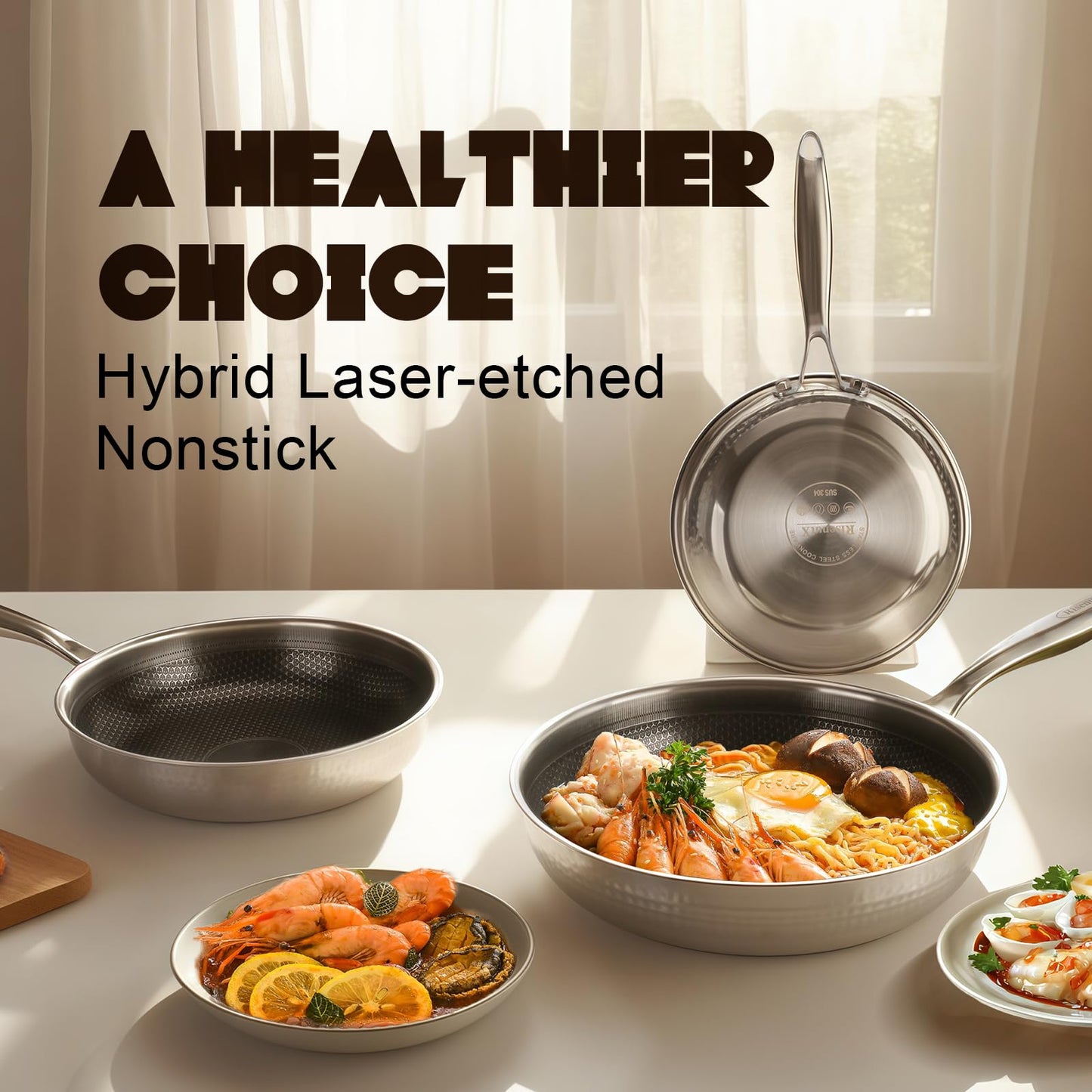 RisenutX Hybrid 8 inch Stainless Steel Non Stick Skillet,Frying Pans Nonstick, PFOA Free Cookware, Dishwasher and Oven Safe, Induction Compatible
