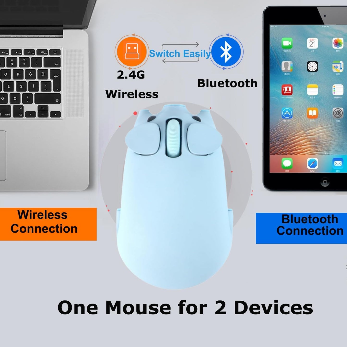 SHARE SUNSHINE Wireless Mouse Cute Pig Bluetooth & USB Dual Mode Mice,Silent Portable Compact Blue Fun Mice