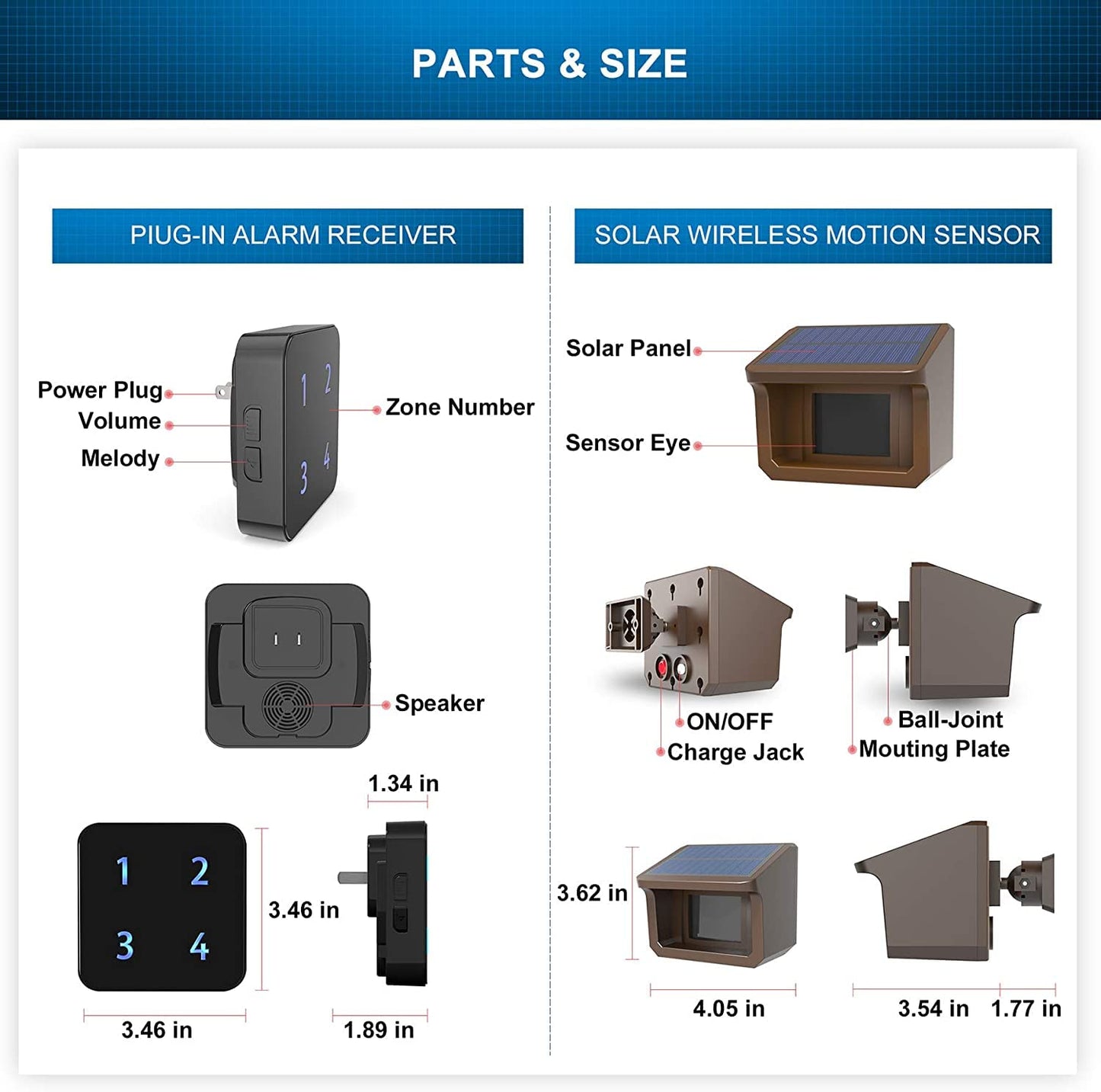 Driveway Alarm System- HTZSAFE 1/2Mile Solar Driveway Alarm System- Up to 70FT Wide Sensor Range- Fully Weatherproof Outdoor Motion Sensor&Detector DIY Security Alert System-1 Receiver and 4 Sensors