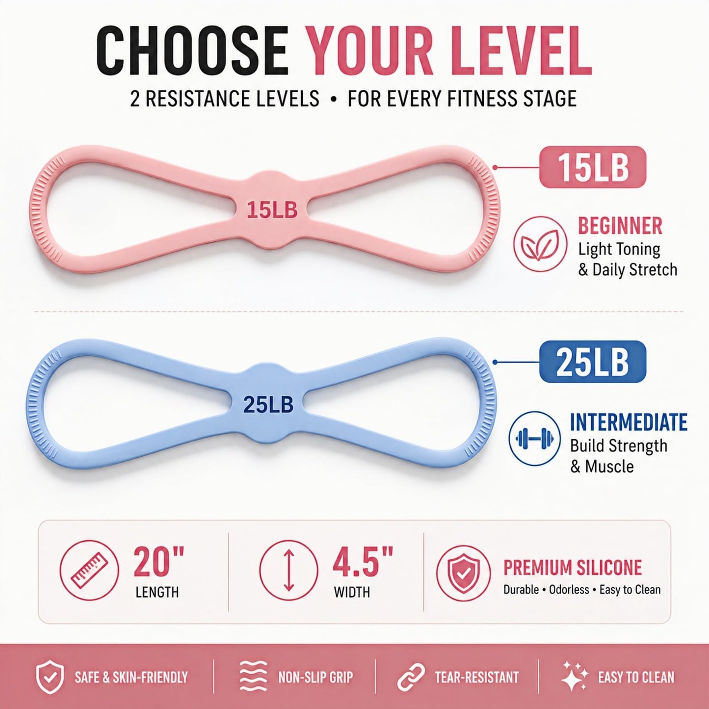 Figure 8 Resistance Bands for Women, 15 & 25 LB Silicone Workout Bands, No-Foam Washable Exercise Stretch Bands for Arms, Back, Glutes, Pilates and Home Gym