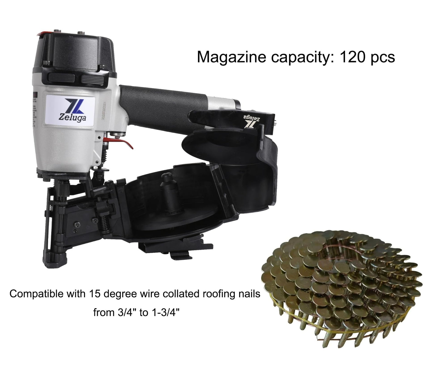 Zeluga 28-145 Pneumatic 15 Degree Coil Roofing Nailer with 120 PCS Load Capacity Coil Nailer Kit with Eye Protection and Repair Kit