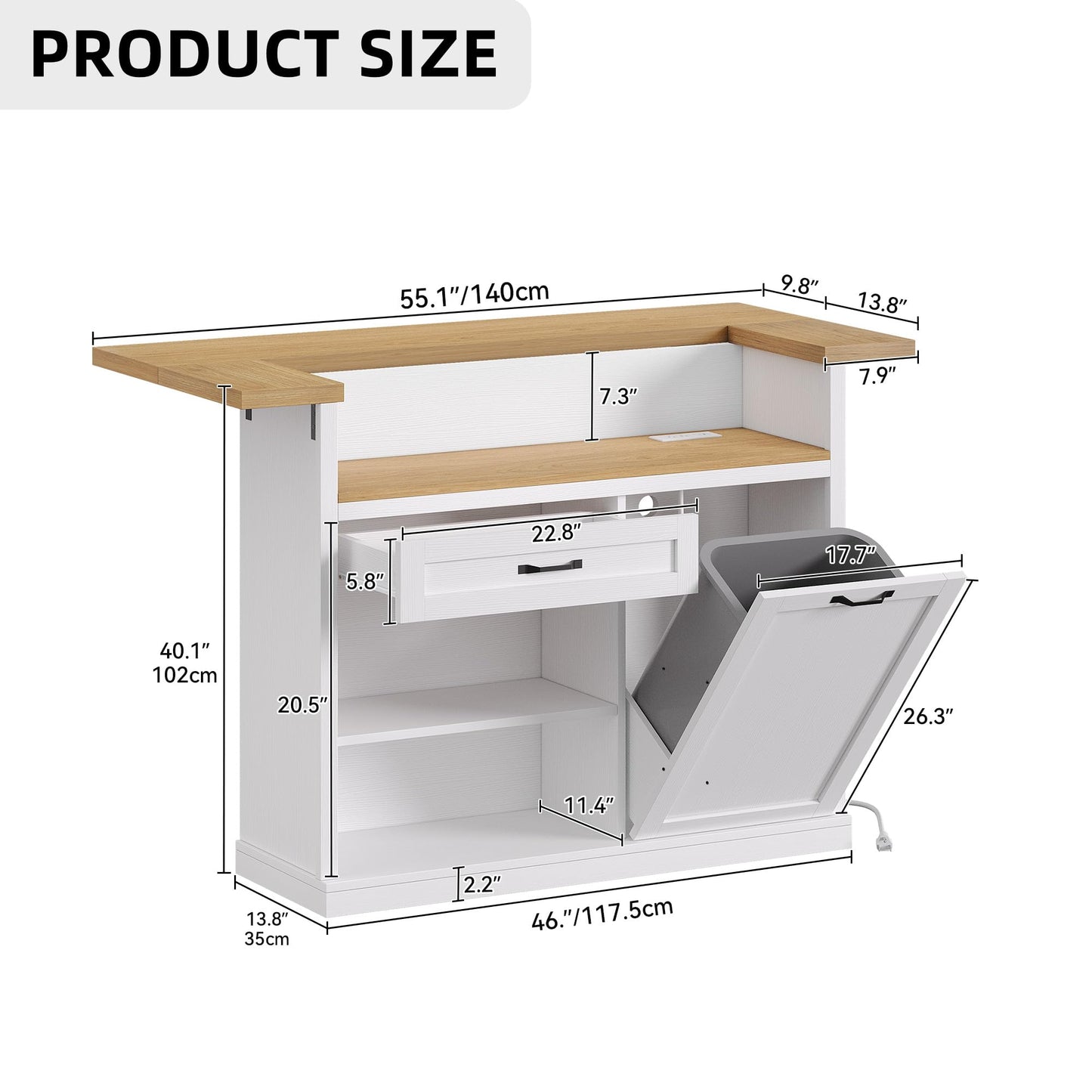 Homiflex Kitchen Island with Seating, Rolling Kitchen Islands with Storage, 55" W Large Island Table, Breakfast Bar Counter with Drop Leaf, Trash Can Cabinet, Power Outlet for Dining Room, White