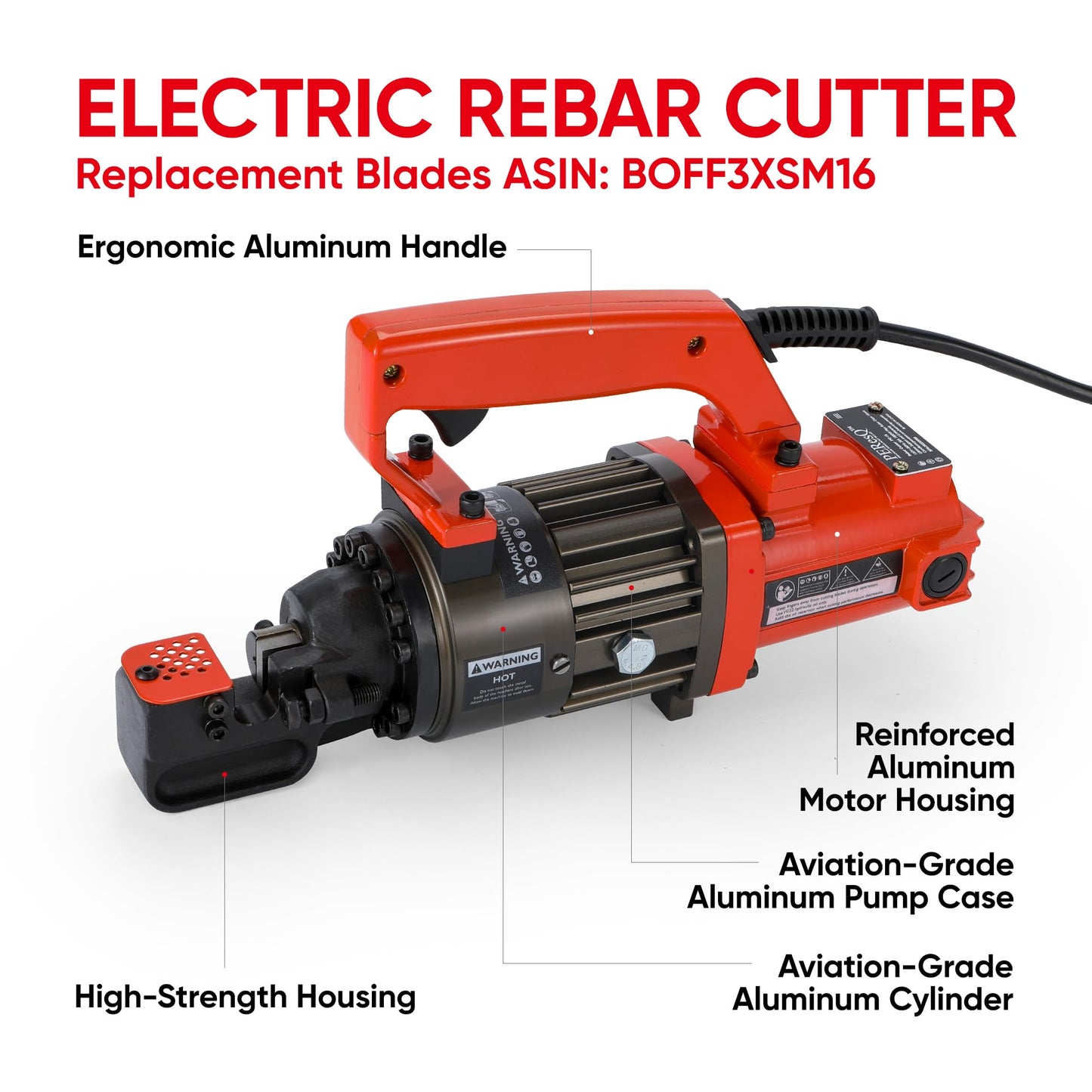 PEResQ Electric Hydraulic Rebar Cutter, 1000W 120V Corded, Portable Steel Bar Cutter, 5/8" (#5) 4-16mm Capacity, Cutting Speed 1s, Lightweight 16.5 lbs, Model PC-16 (Orange-16)