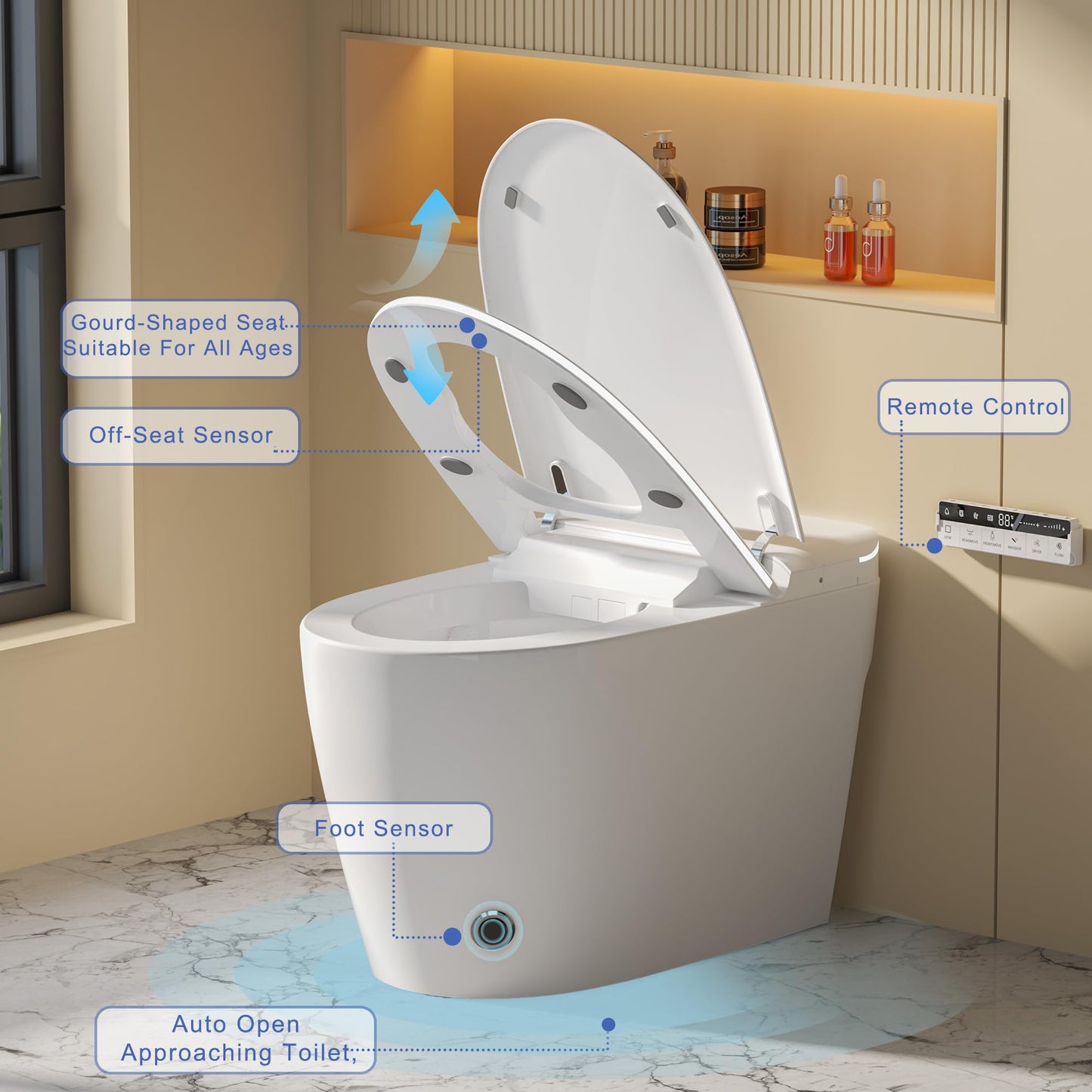 TDH Modern Smart Toilet, Upgrade Gourd-Shaped Heated Seat with Warm Water Wash, Aromatherapy Spray & Foam Shield, Air Dryer, Foot Sensor,Auto Flushing & Open Close Lid