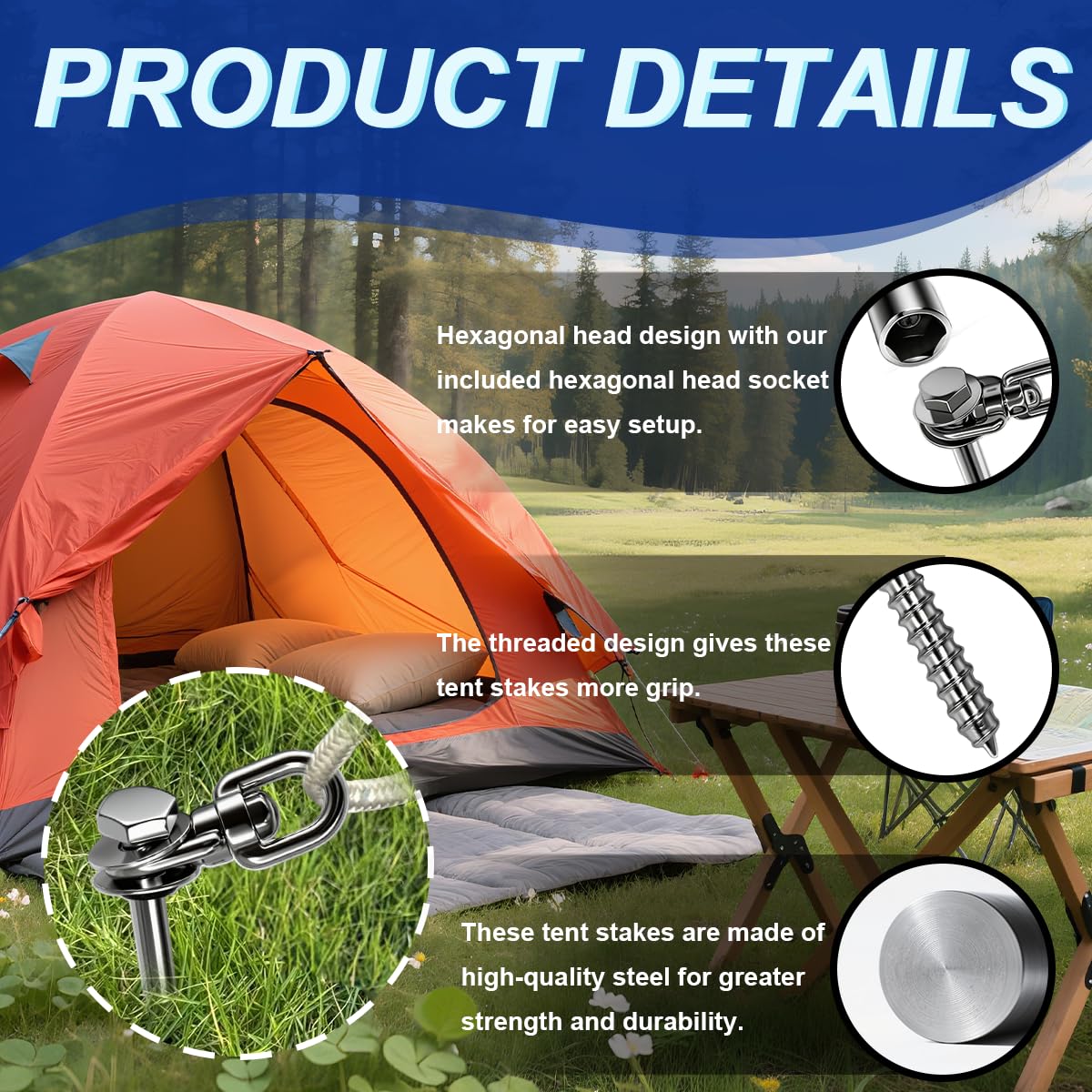 Nexonty 12 Inch Steel Screw in Tent Stakes,8 Pack Tent Stakes Heavy Duty,Ground Anchors Screw in,Trampoline Anchor Kit,Swing Set Anchors,Metal Threaded Camping Stakes with Hex Head Driver&Storage Bag